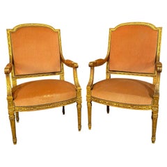 Antique French Louis-XVI-Sesselpaar aus vergoldetem Holz mit Mohairbezug aus einem Salon-Set