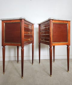 Antique French Louis XVI Pair Of Nightstands, Side Tables, Marble & Bronze