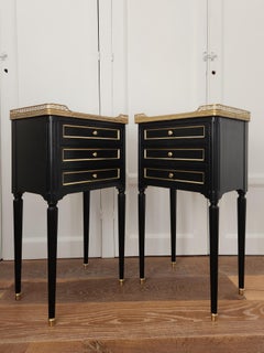 Antique French Louis XVI Pair Of Nightstands, Side Tables, Marble & Bronze