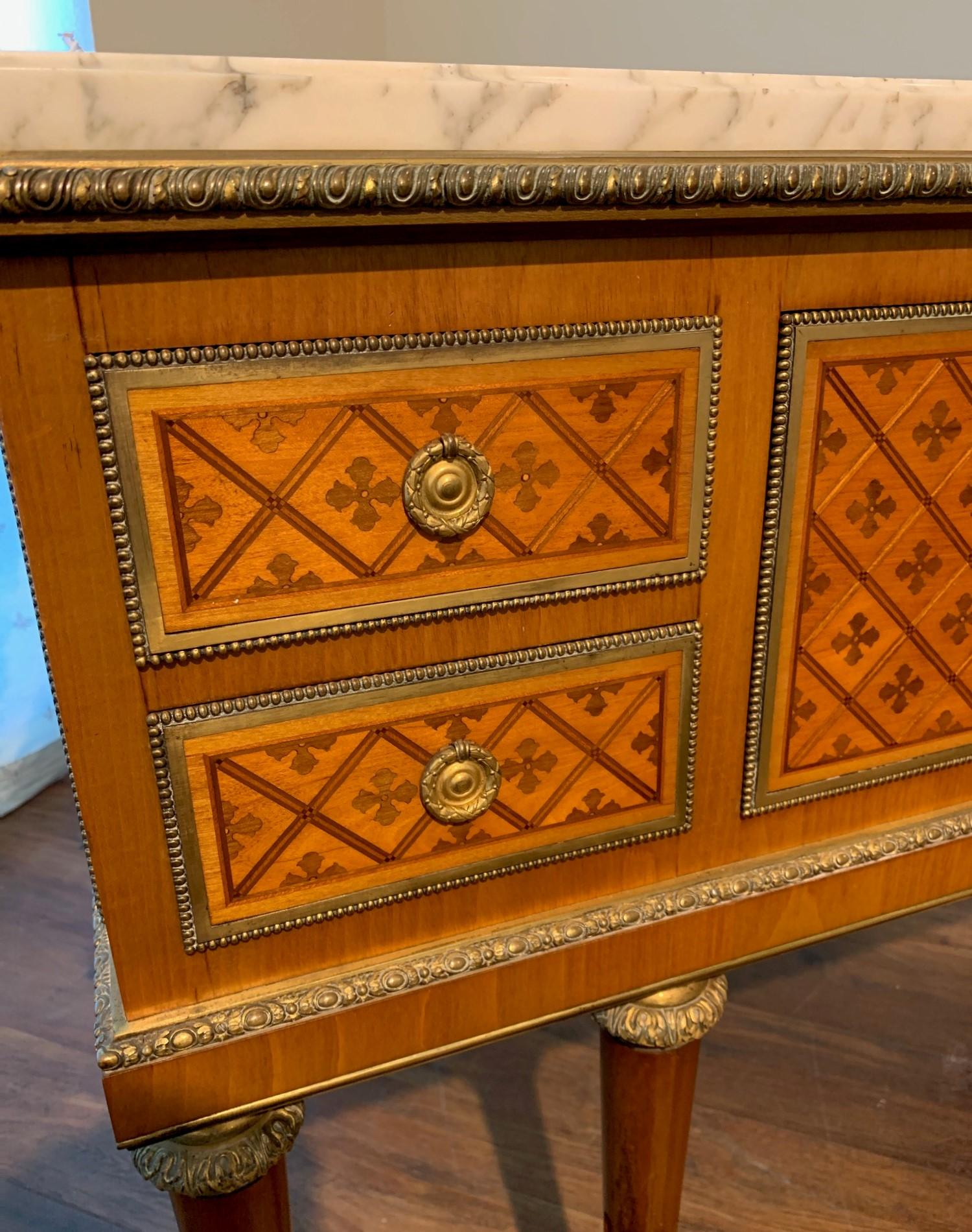 Gilt Antique French Louis XVI Parquetry Inlaid Marble-Top Commode