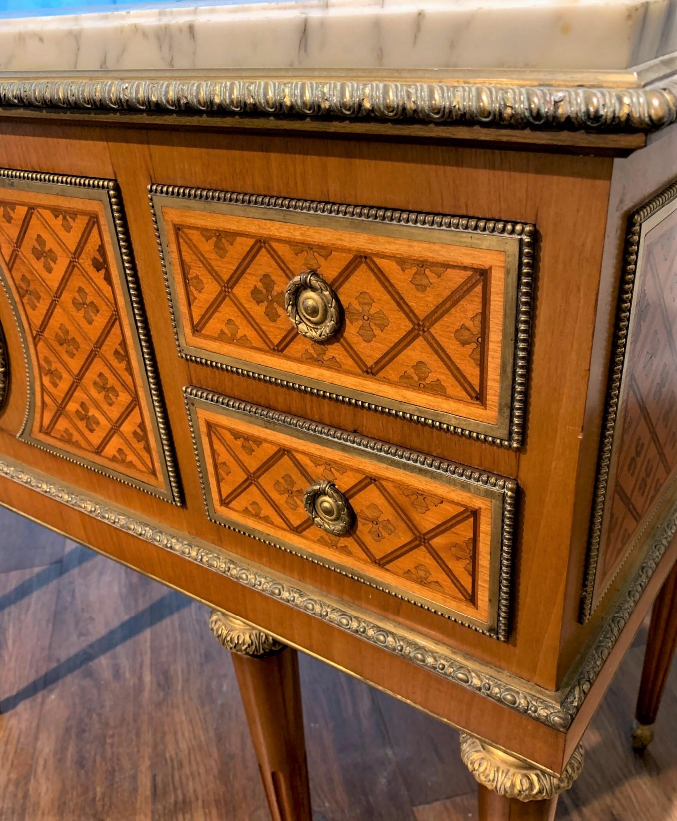 Antique French Louis XVI Parquetry Inlaid Marble-Top Commode 1
