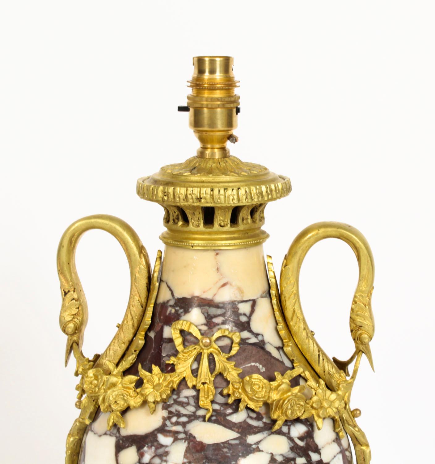 Mid-19th Century Antique French Louis XVI Revival Ormolu Mounted Marble Table Lamp 1860s For Sale