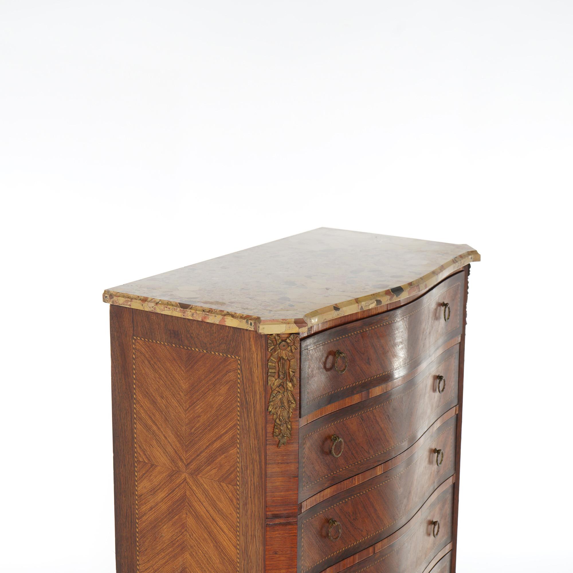Antique French Louis XVI Rosewood, Marble & Satinwood Herringbone Chest c1920 For Sale 2