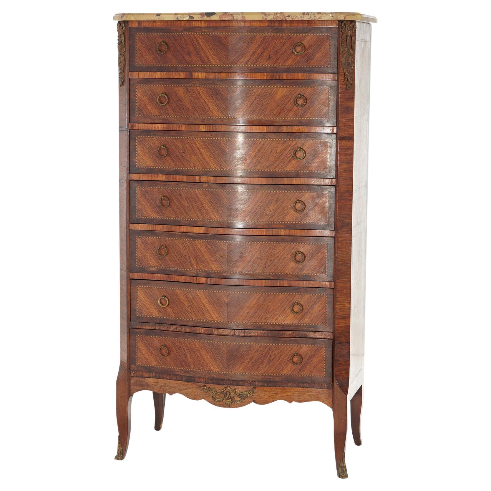 Antique French Louis XVI Rosewood, Marble & Satinwood Herringbone Chest c1920 For Sale