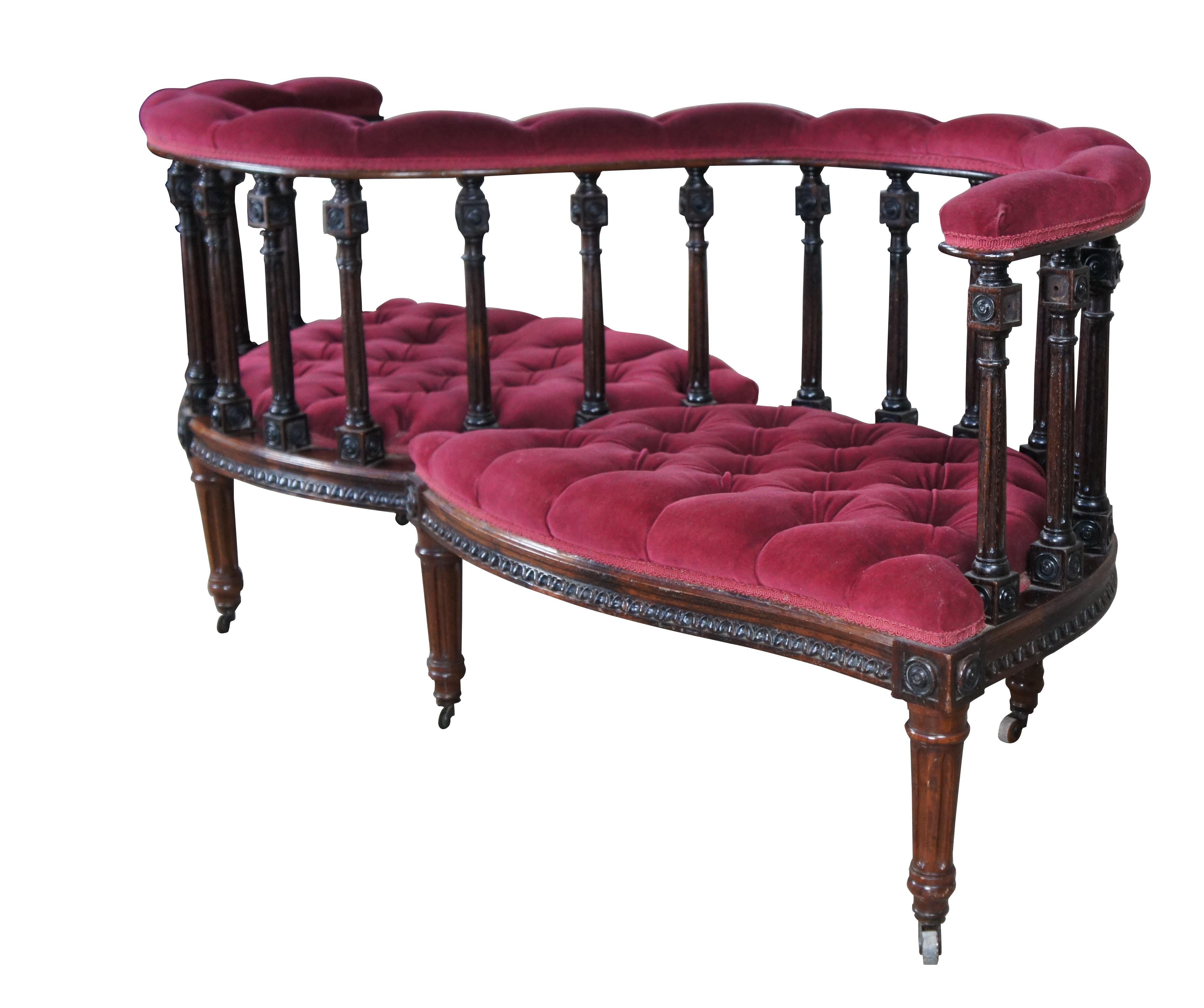 An Antique 19th Century French Louis XVI Style Tete A Tete Conversation Chair / Courting Bench.  Made from Rosewood with an elaborate 