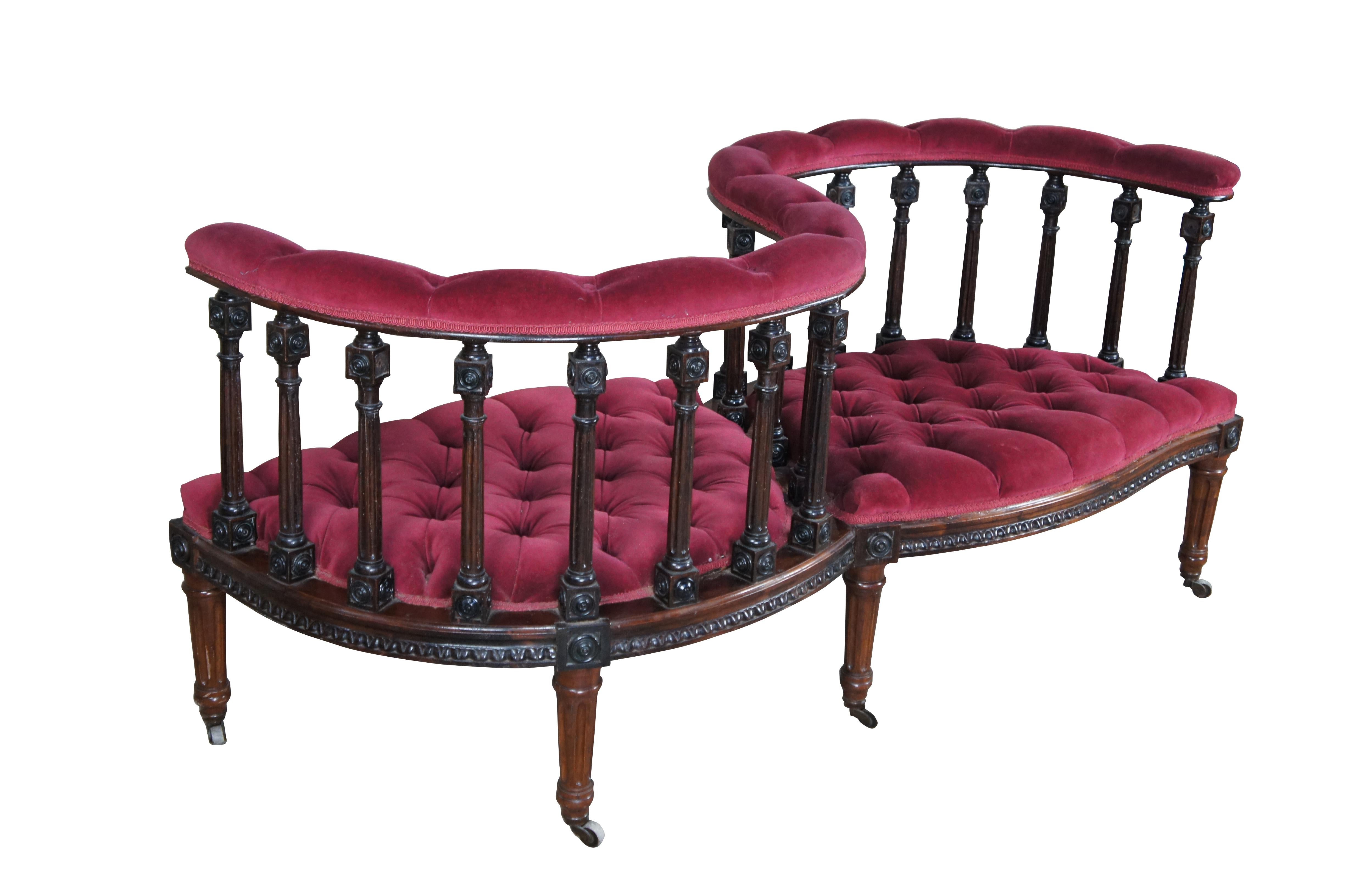 Antique French Louis XVI Rosewood Tete A Tete Conversation Chair Bench Loveseat In Fair Condition For Sale In Dayton, OH