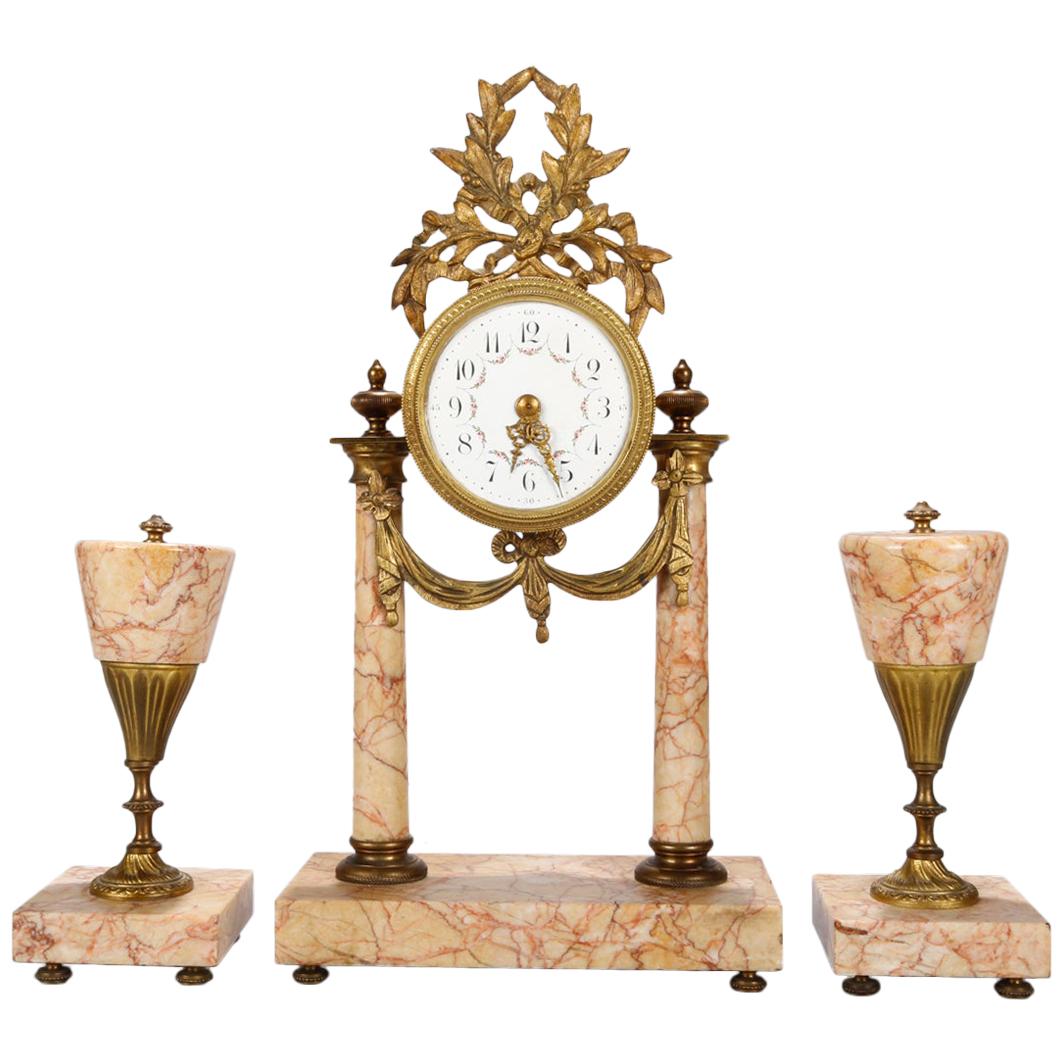 Antique French Louis XVI Rouge Marble and Bronze Garniture Clock Set, circa 1890
