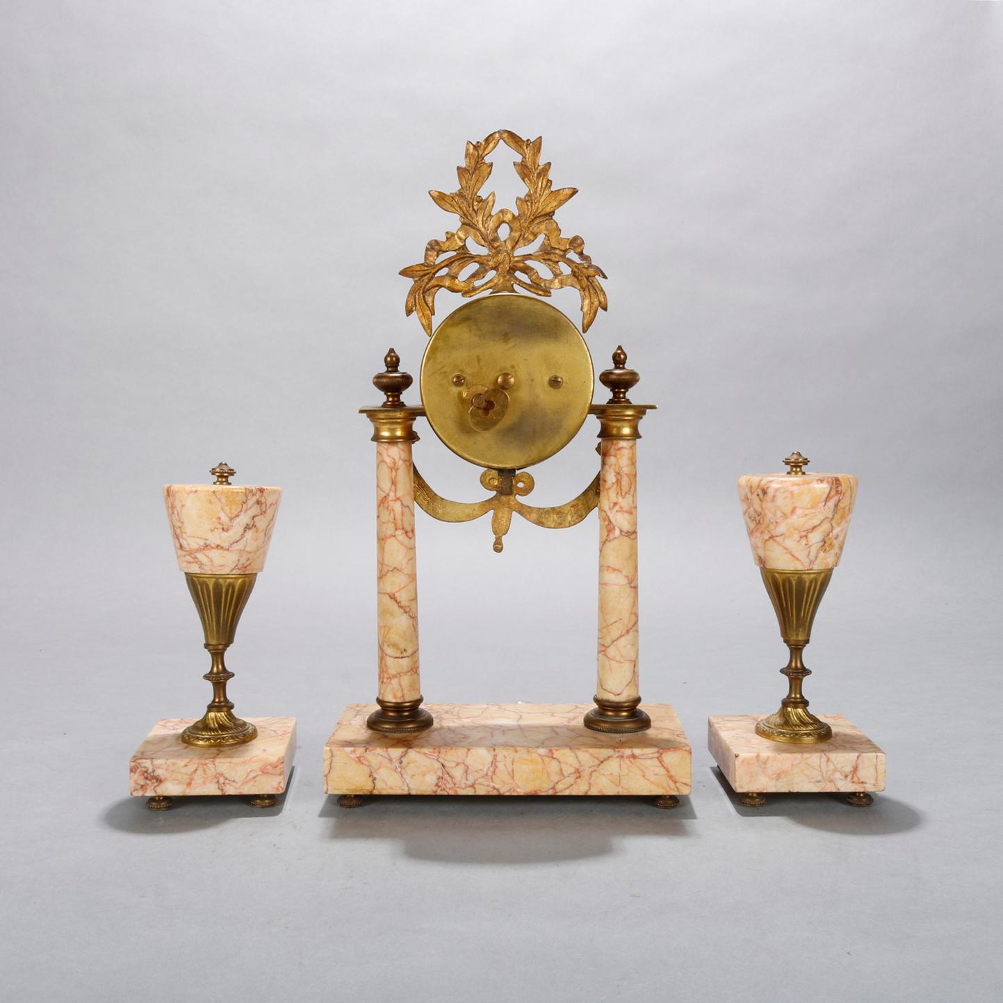 Antique French Louis XVI Rouge Marble and Bronze Garniture Clock Set, circa 1890 In Good Condition In Big Flats, NY