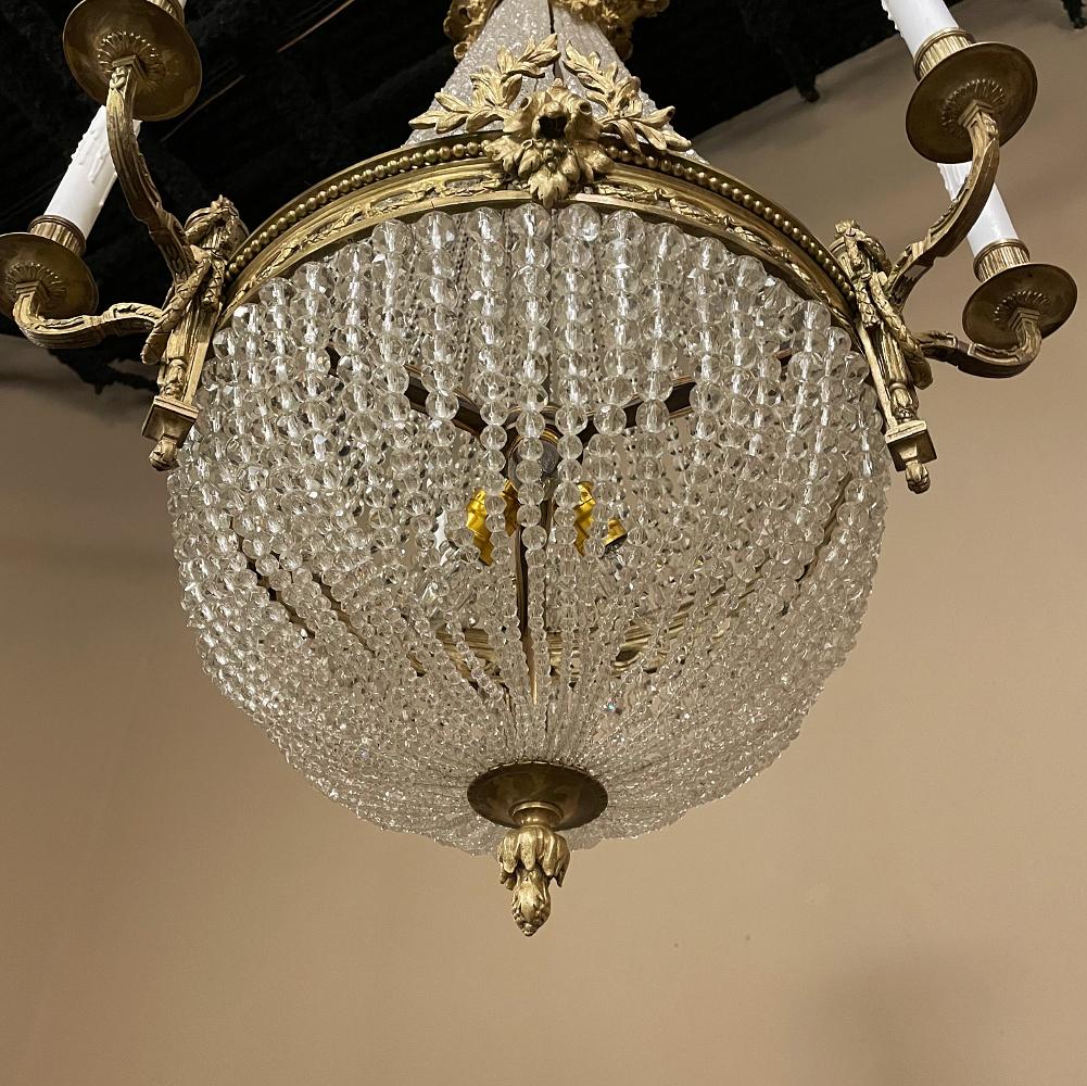 Antique French Louis XVI Sack of Pearls Crystal & Bronze Chandelier For Sale 6