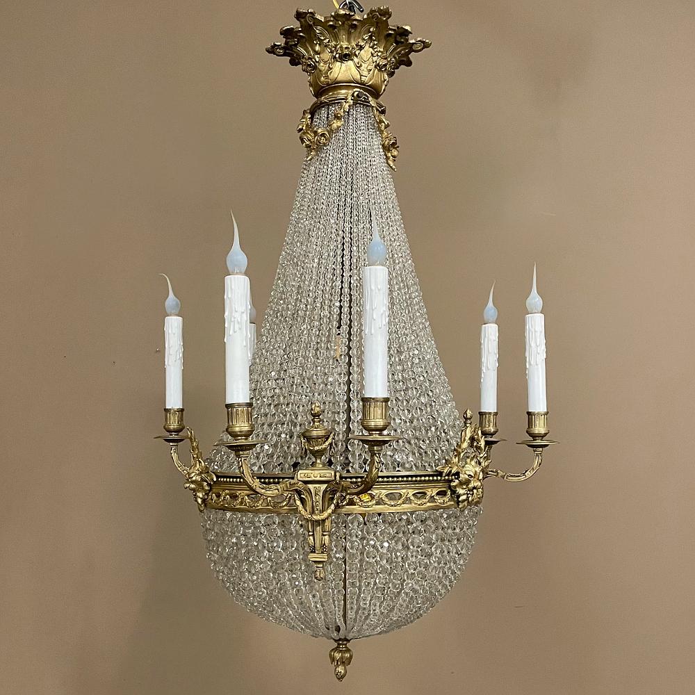 Antique French Louis XVI Sack of Pearls Crystal & Bronze Chandelier For Sale 15