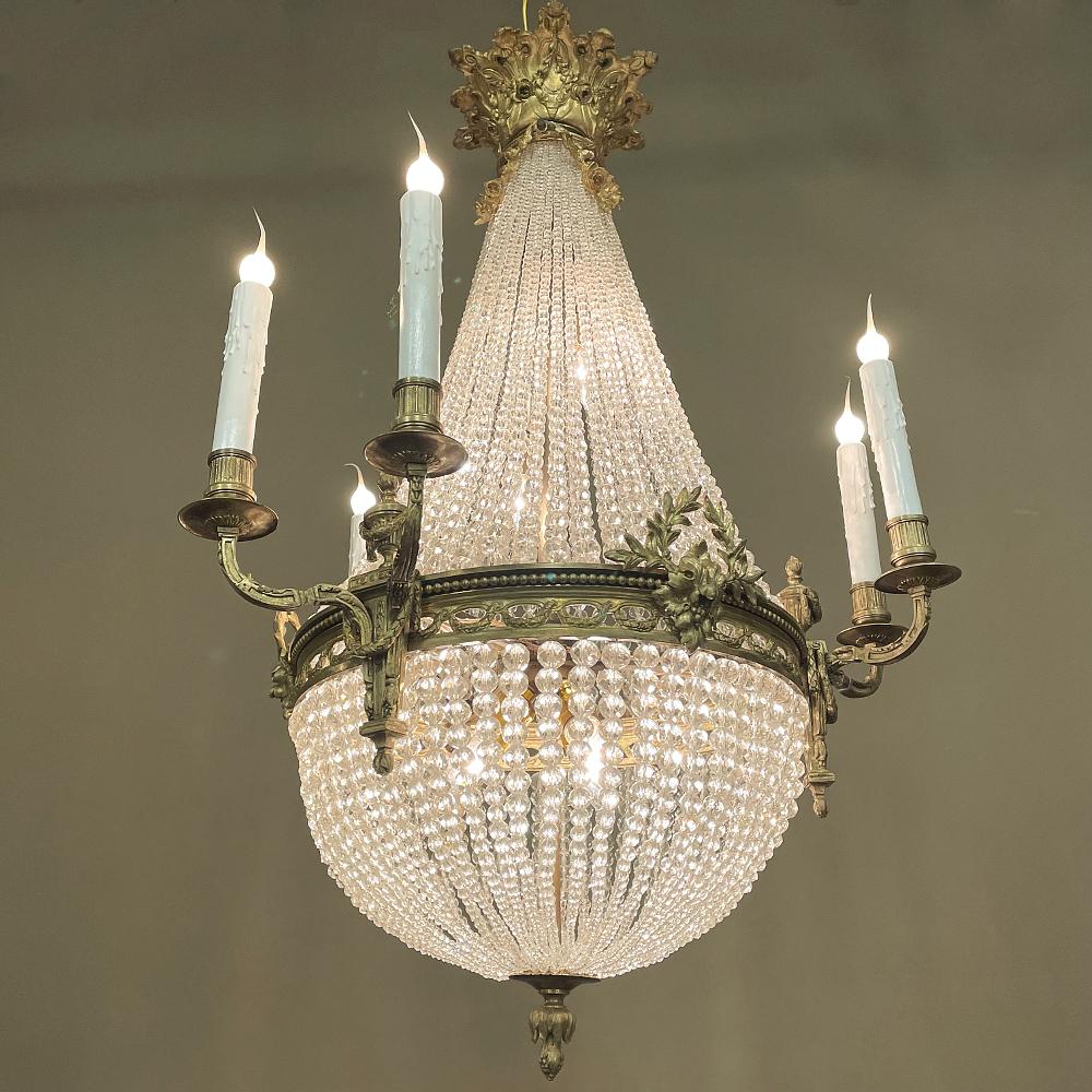 Hand-Crafted Antique French Louis XVI Sack of Pearls Crystal & Bronze Chandelier For Sale