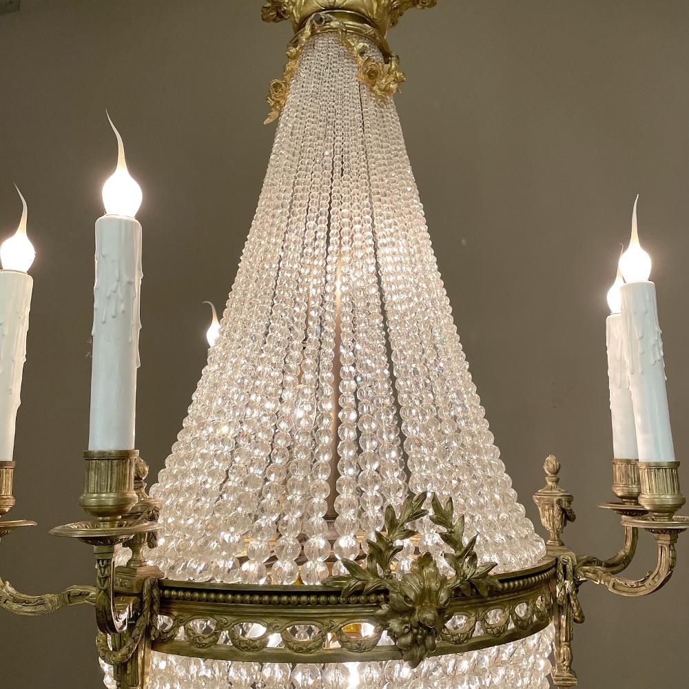 Antique French Louis XVI Sack of Pearls Crystal & Bronze Chandelier In Good Condition For Sale In Dallas, TX