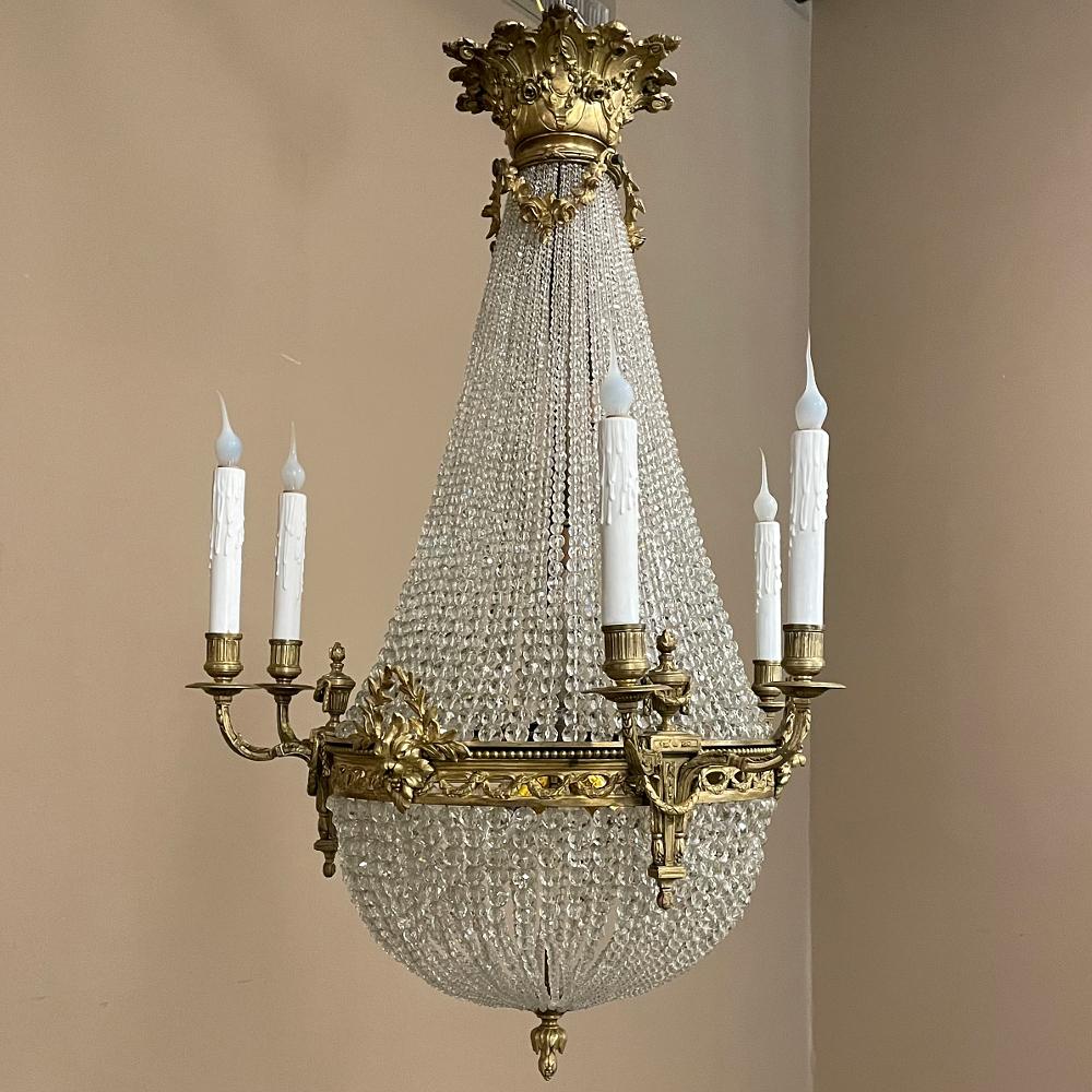 20th Century Antique French Louis XVI Sack of Pearls Crystal & Bronze Chandelier For Sale