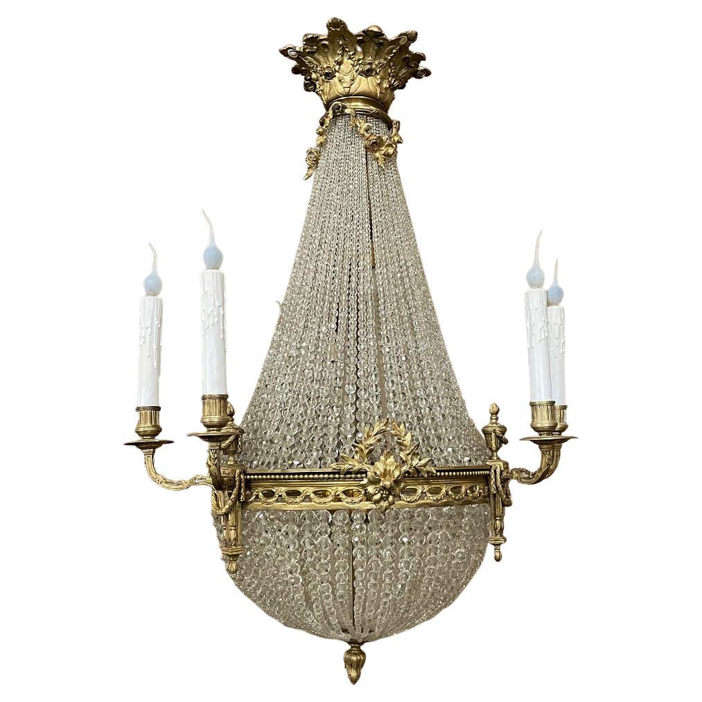 Antique French Louis XVI Sack of Pearls Crystal & Bronze Chandelier For Sale