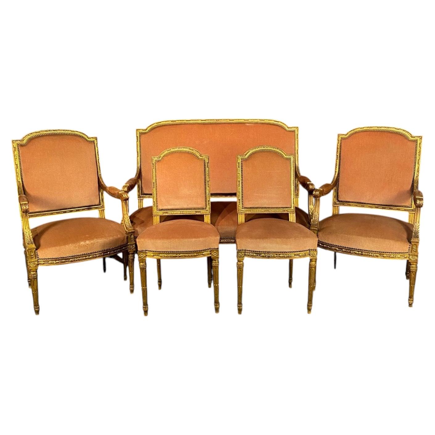 Antique French Louis XVI Salon Suite with Sofa Armchairs & Side Chairs