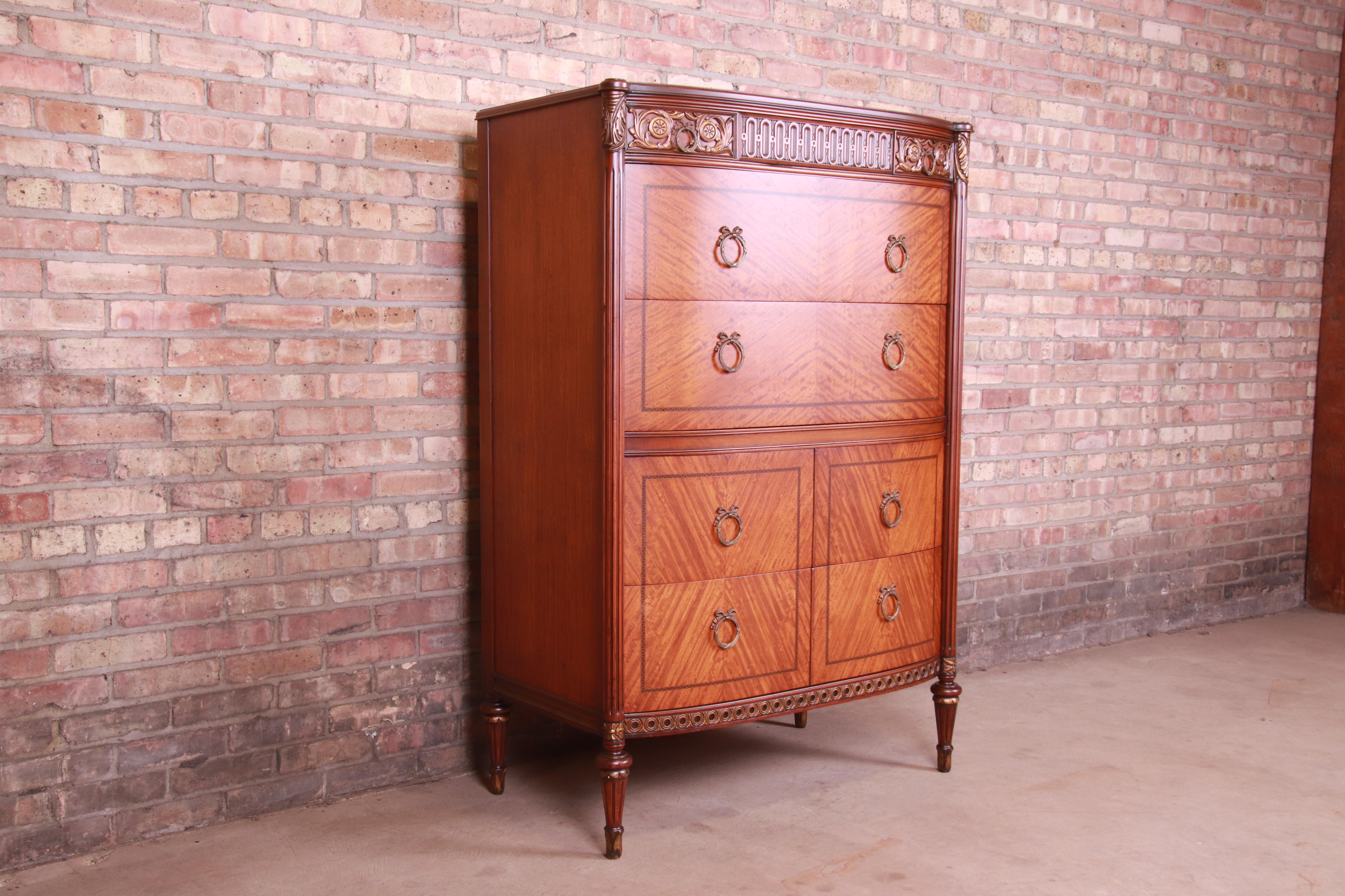 American Antique French Louis XVI Satinwood and Mahogany Highboy Dresser by Saginaw