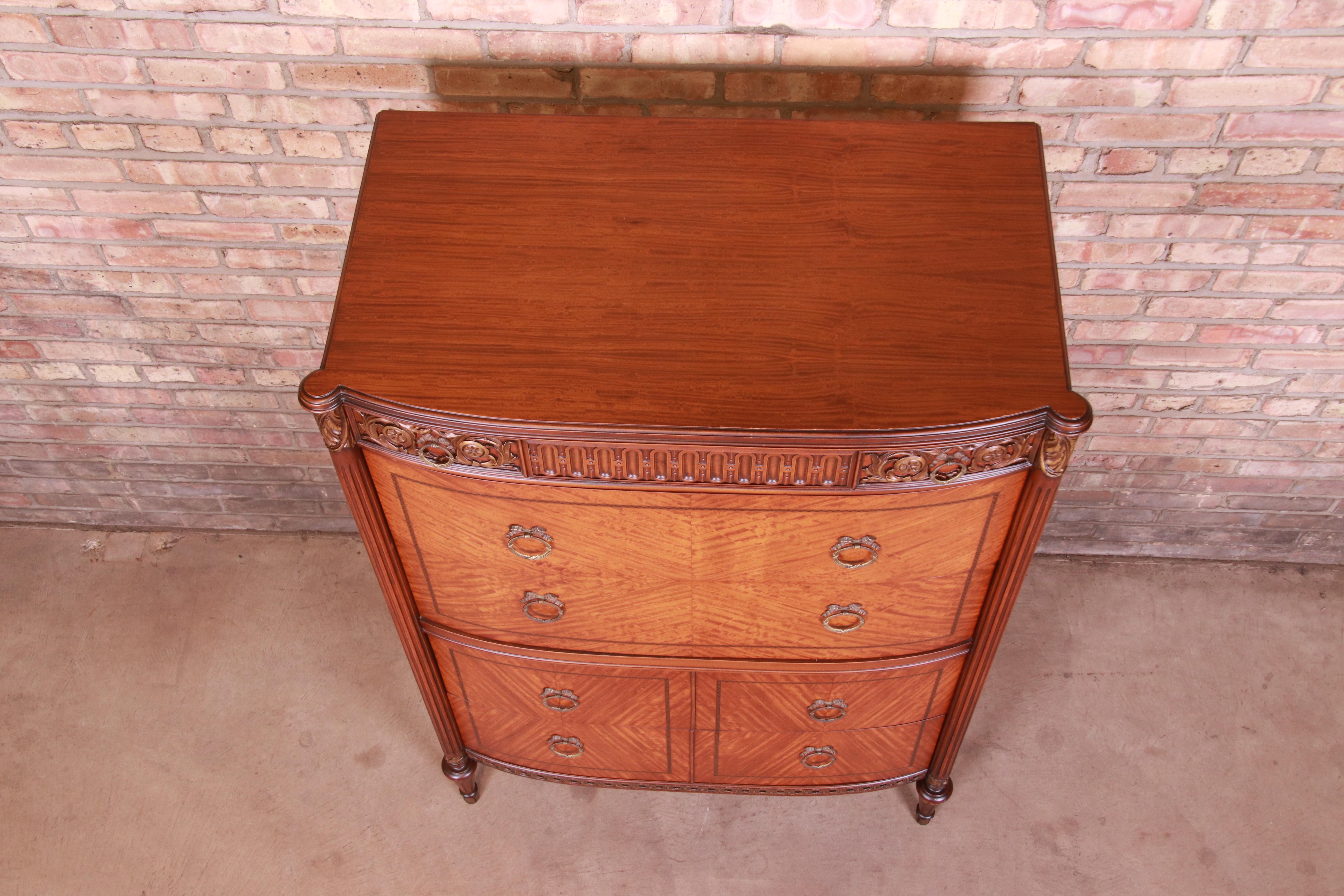 Antique French Louis XVI Satinwood and Mahogany Highboy Dresser by Saginaw In Good Condition In South Bend, IN