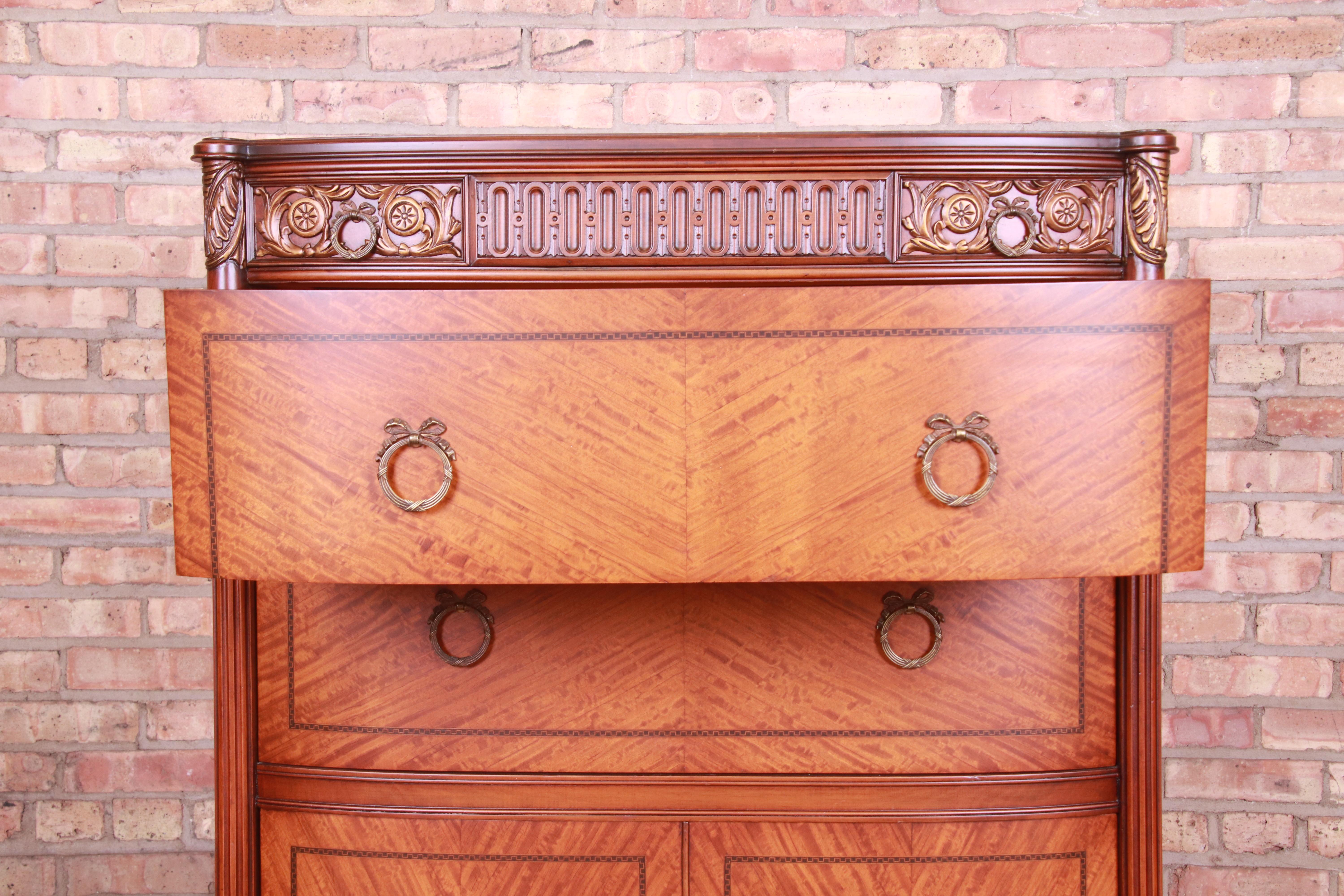 Early 20th Century Antique French Louis XVI Satinwood and Mahogany Highboy Dresser by Saginaw