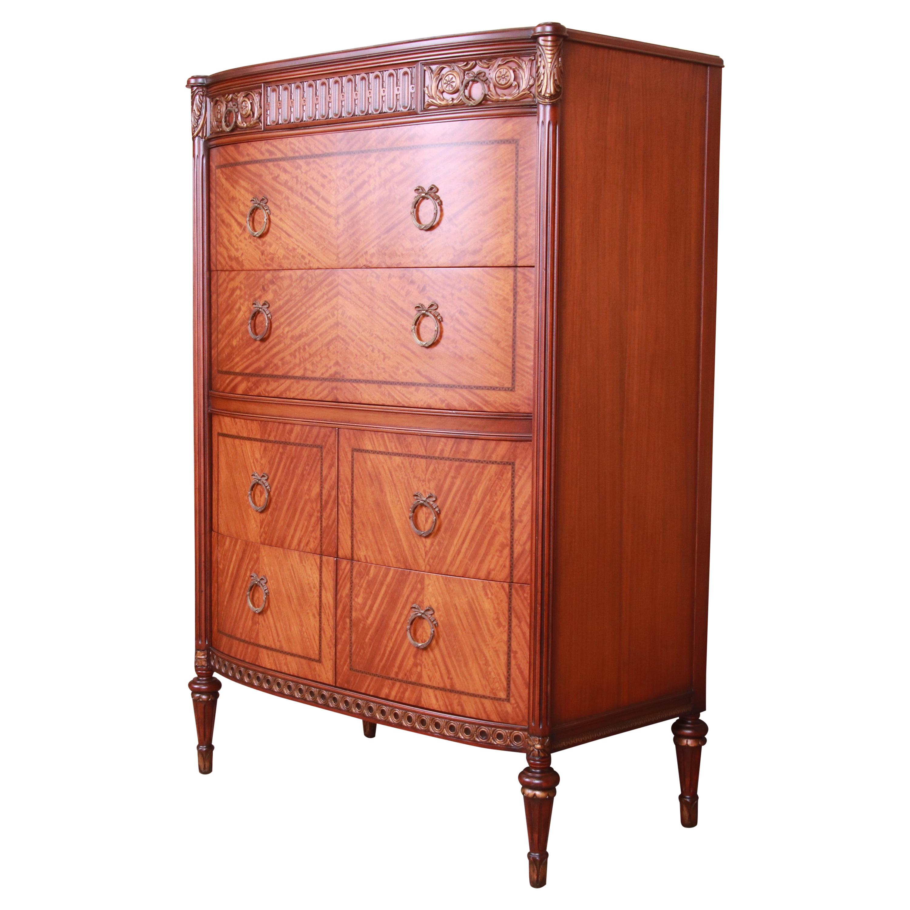 Antique French Louis XVI Satinwood and Mahogany Highboy Dresser by Saginaw