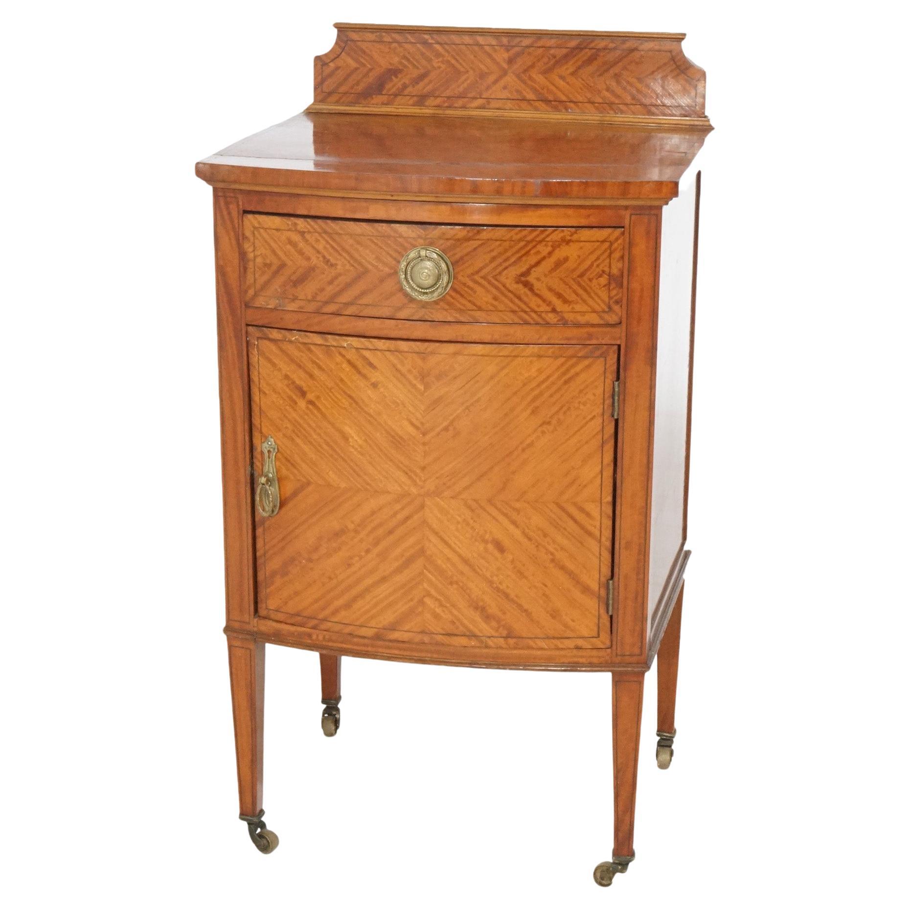 Antique French Louis XVI Satinwood Bow Front Side Table with Cabinet, circa 1920