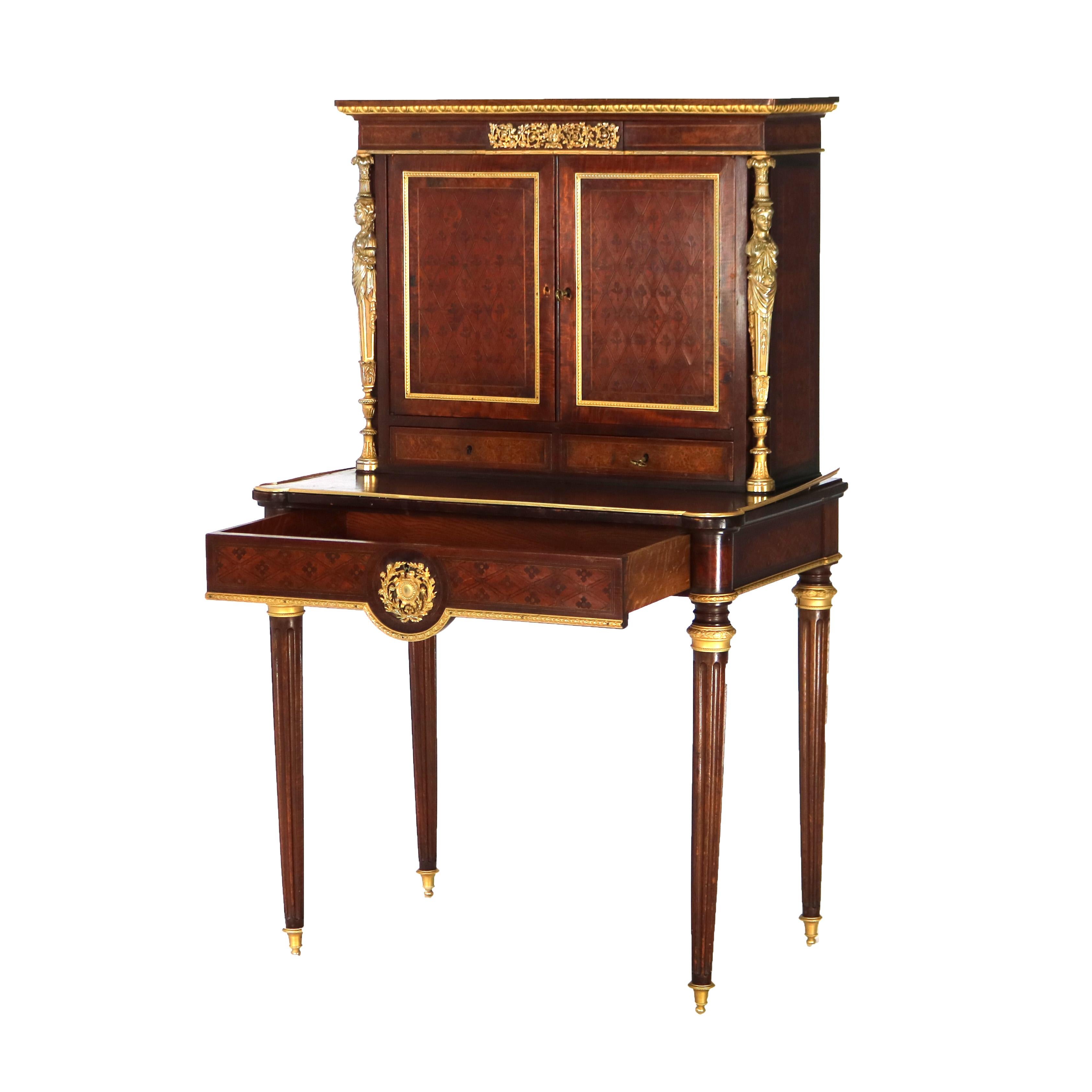 Ancien bureau secrétaire de dame Louis XVI en bois de satin, bois de roi et bois de rose 5