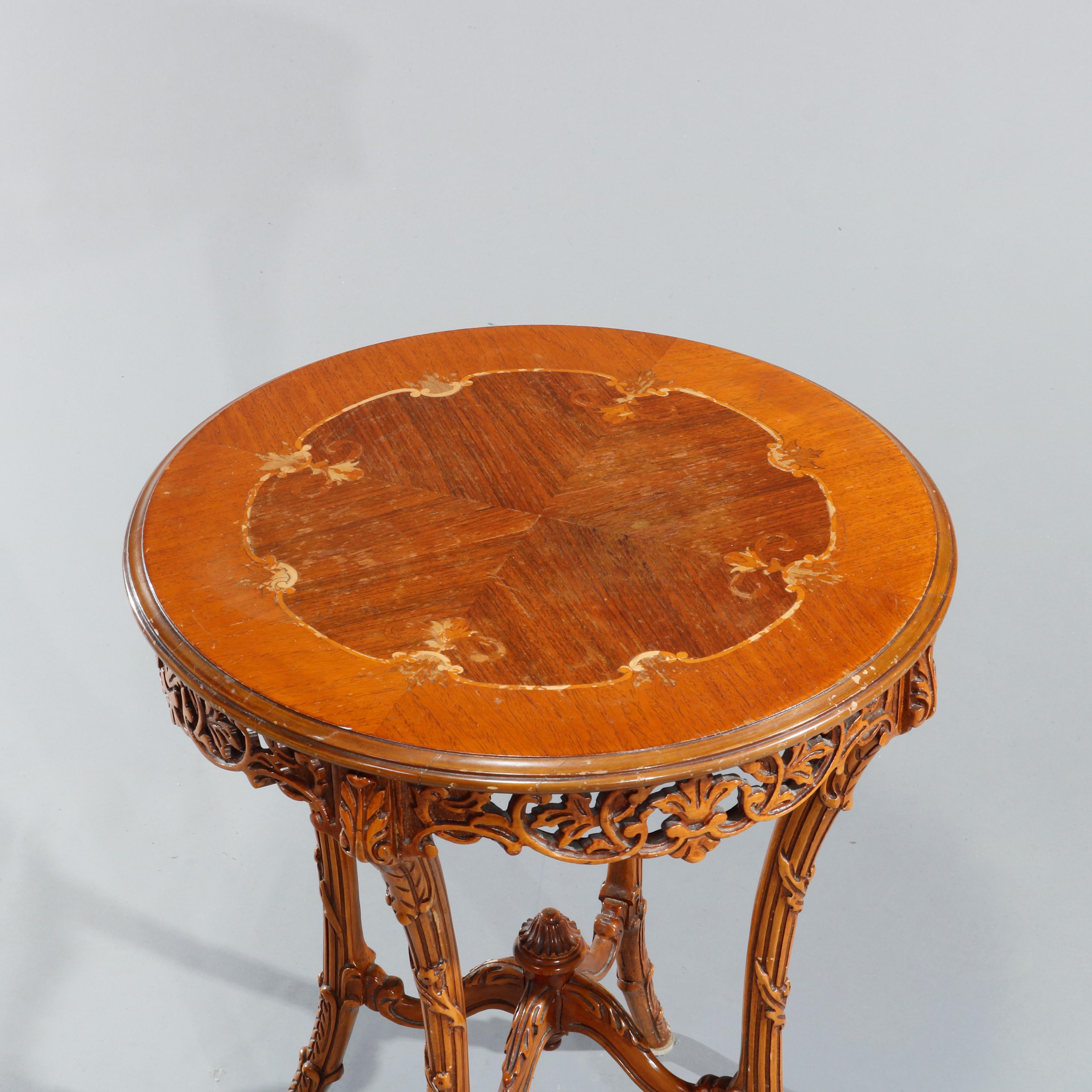 An antique pair of French Louis XVI satinwood and rosewood side stands offer crossbanded and bookmatched top with foliate inlaid marquetry bordering over carved and pierced foliate skirts, raised on branch form bowed legs having stretcher with