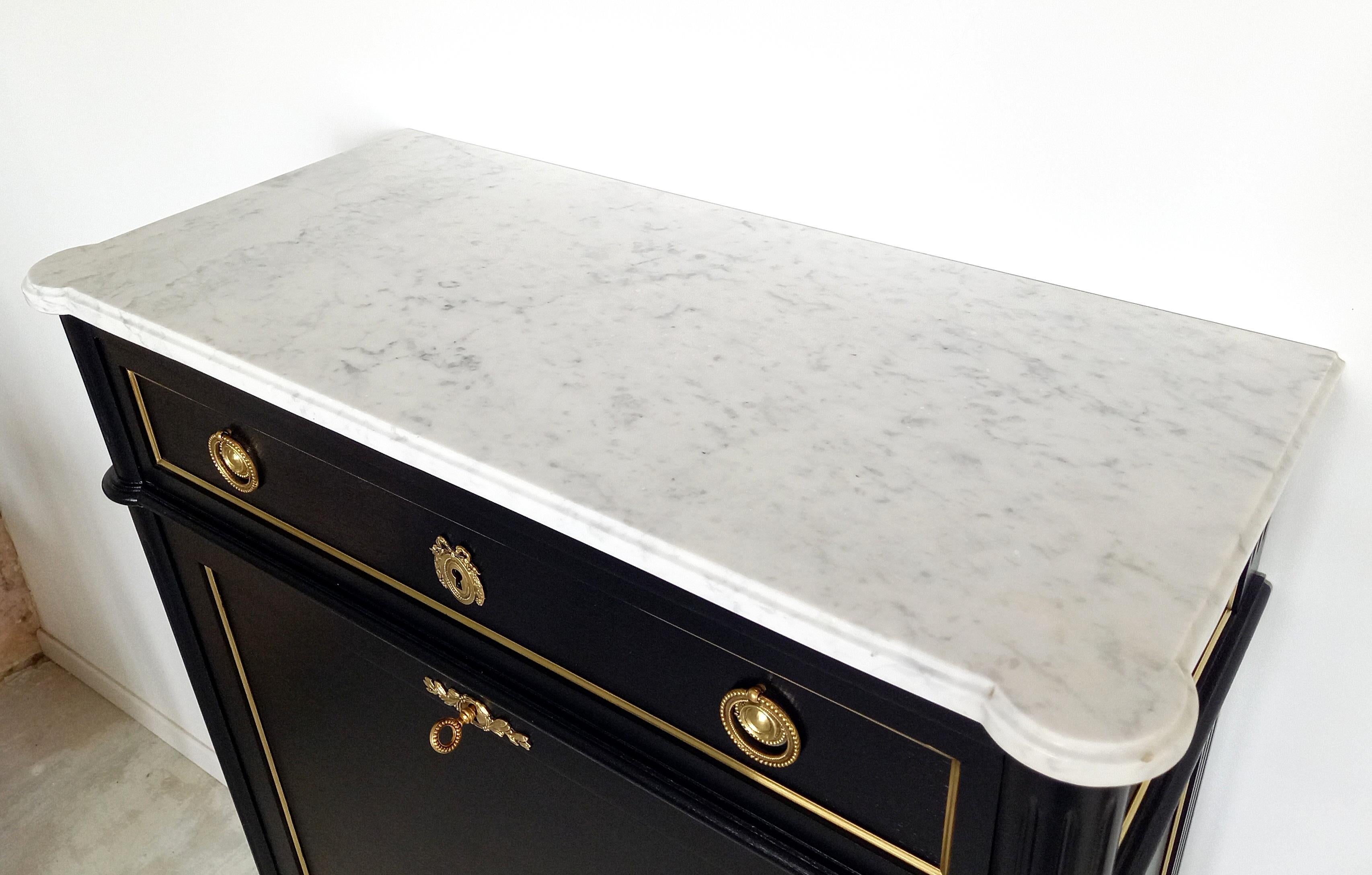 Antique French Louis XVI Secretary Desk Chest Mahogany, Carrara Marble & Bronze For Sale 5