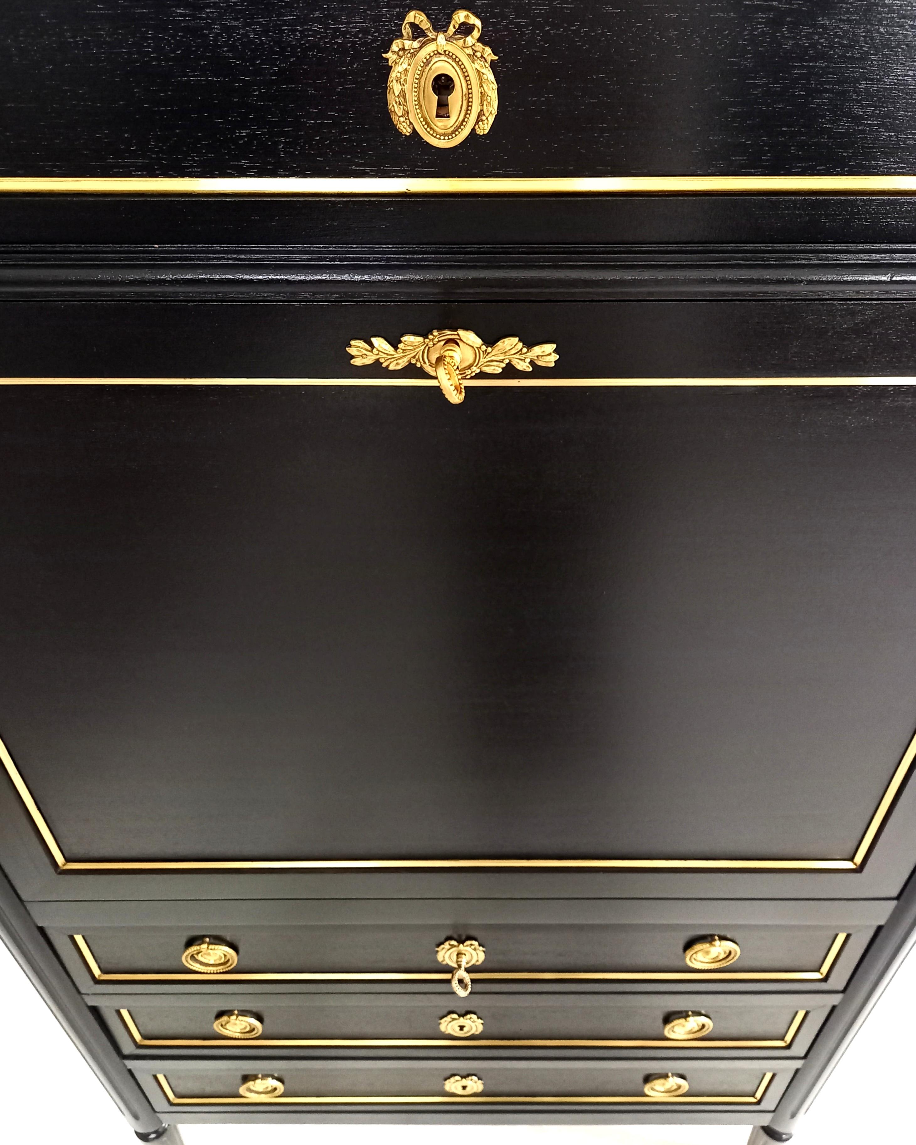 Brass Antique French Louis XVI Secretary Desk Chest Mahogany, Carrara Marble & Bronze For Sale