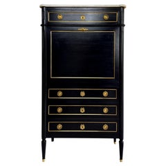 Antique French Louis XVI Secretario Escritorio Baúl Caoba, Mármol de Carrara y Bronce