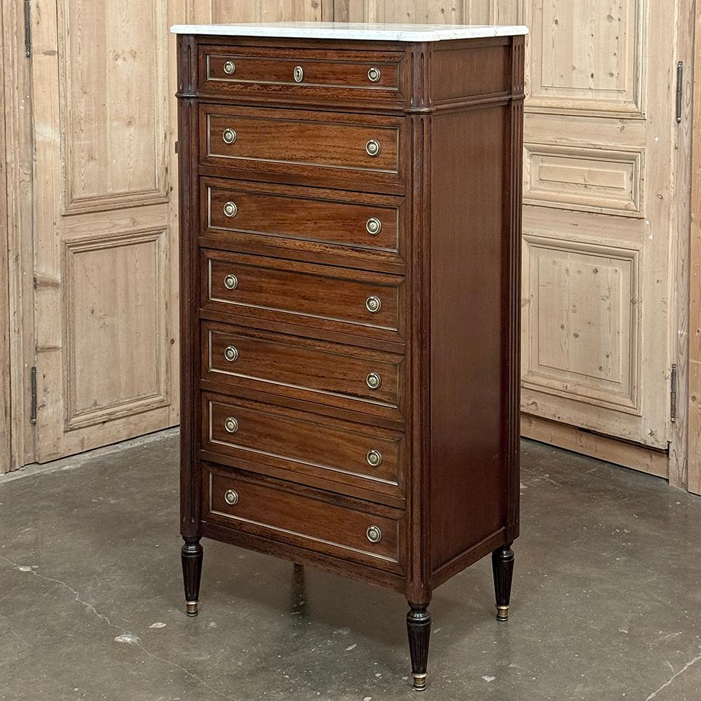 Antique French Louis XVI Semainier ~ Tall Chest of Drawers with Carrara Marble is a refined example of excellence in furniture design!  Hand-crafted from exotic imported mahogany, cast brass and elegant Carrara marble, it solves the problem of