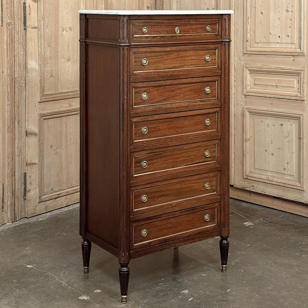 Hand-Crafted Antique French Louis XVI Semainier ~ Tall Chest of Drawers with Carrara Marble For Sale