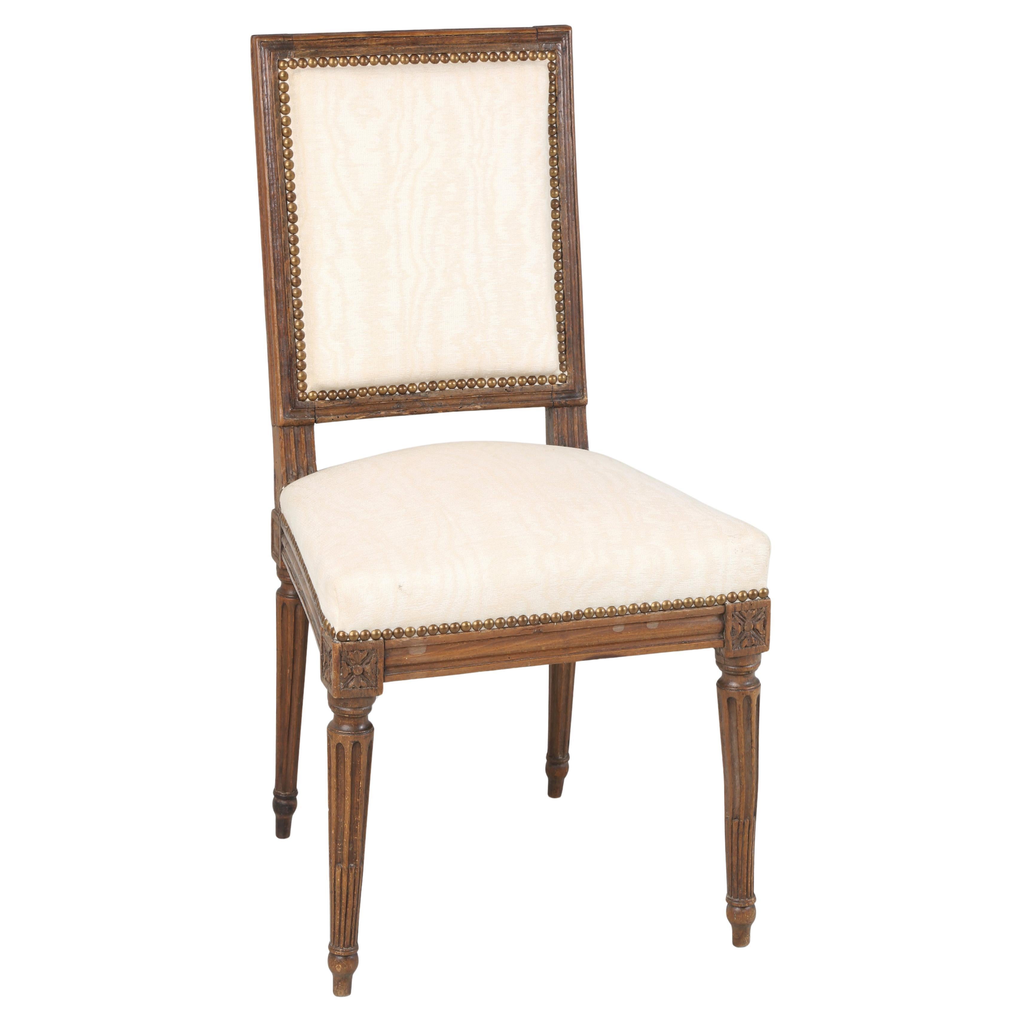 Antique French Louis XVI Side Chair in Hand-Carved Walnut Over 200-Years Old For Sale
