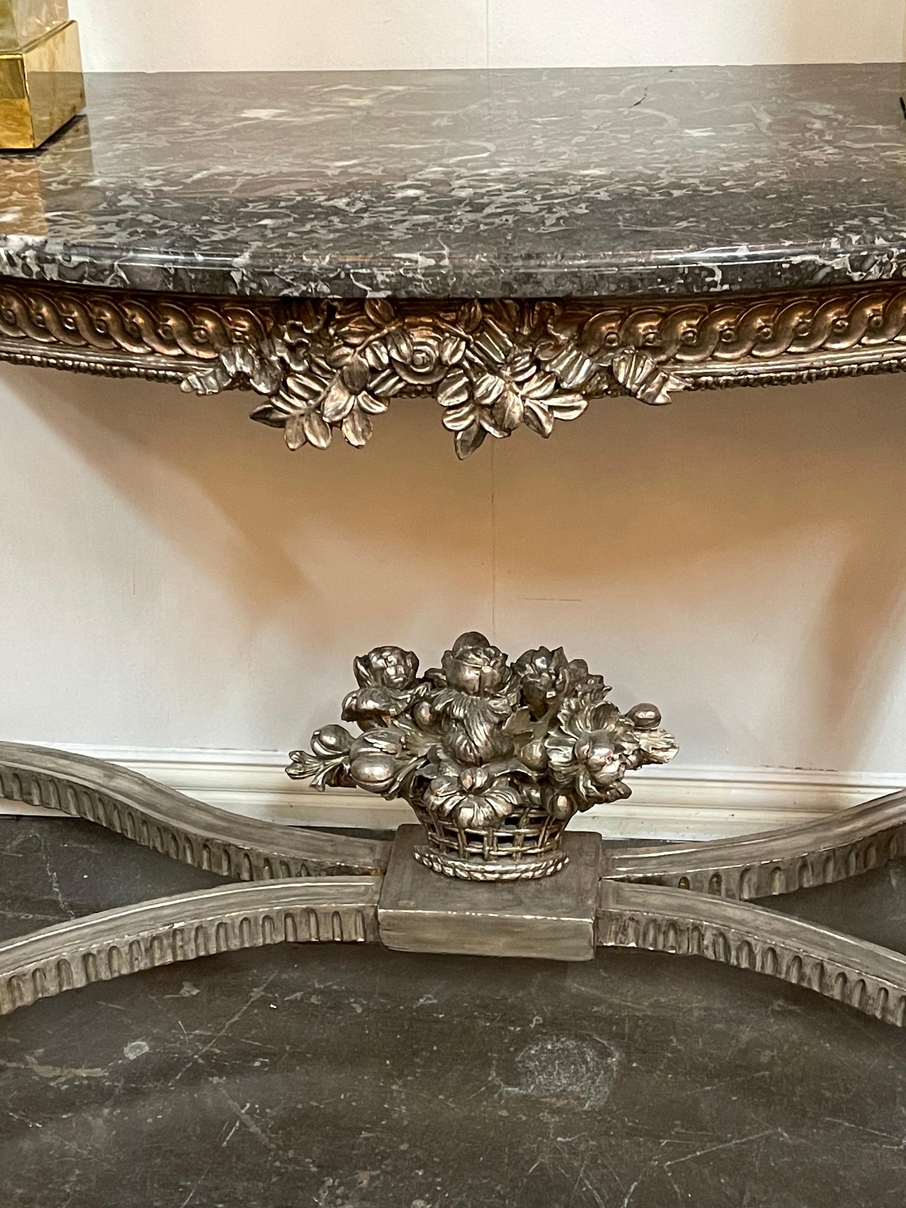 Silvered Antique French Louis XVI Silver Gilt Console For Sale