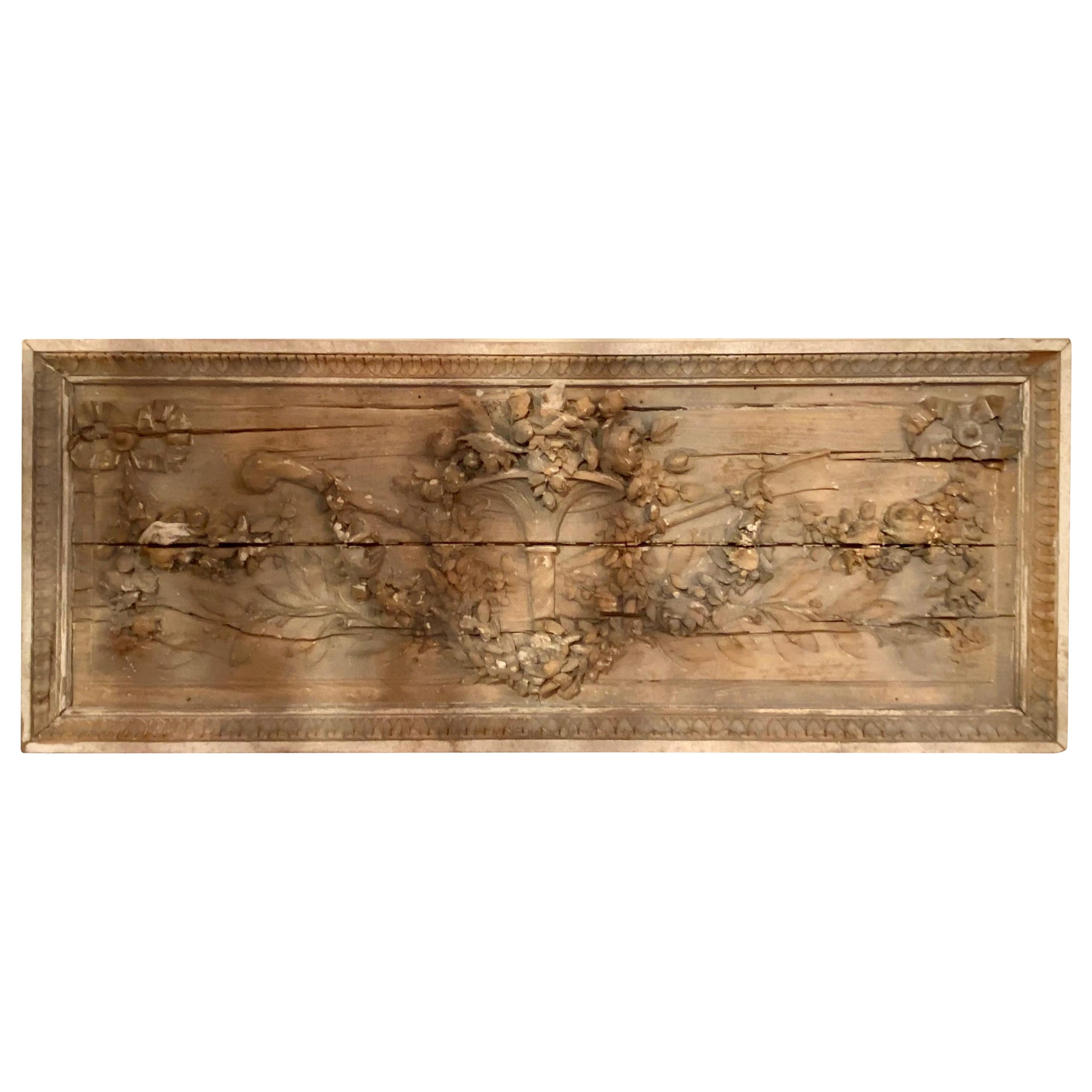 Antique French Louis XVI Style 19th Century Ribbon and Floral Carved Wall Plaque