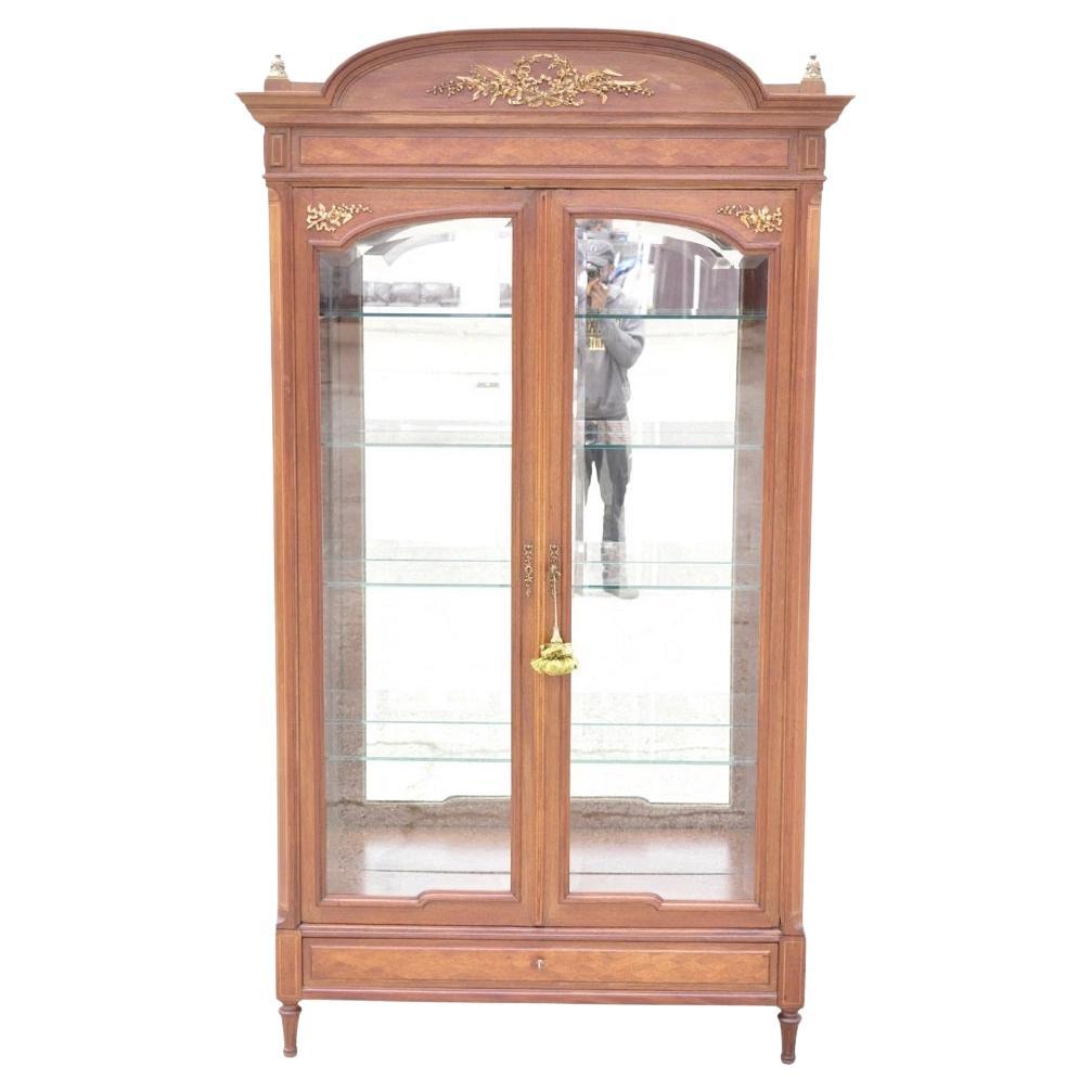 Antique French Louis XVI Style 94" Curio China Display Cabinet Bookcase w Bronze For Sale