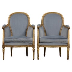 Antique French Louis XVI Style Armchairs in Blue Velvet - A Pair