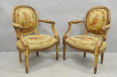 Antique French Louis XVI Style Aubusson Tapestry Fauteuil Arm Chairs - a Pair