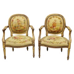 Antique French Louis XVI Style Aubusson Tapestry Fauteuil Arm Chairs - a Pair