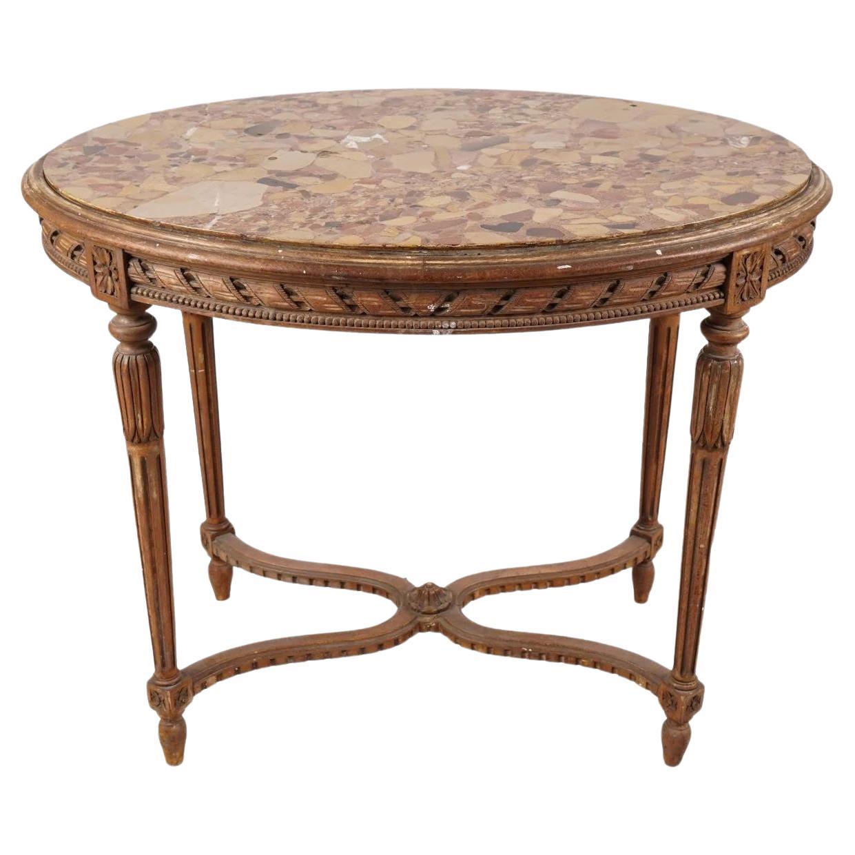 Ancienne table de salon française de style Louis XVI en bois de hêtre et marbre, vers 1890 en vente