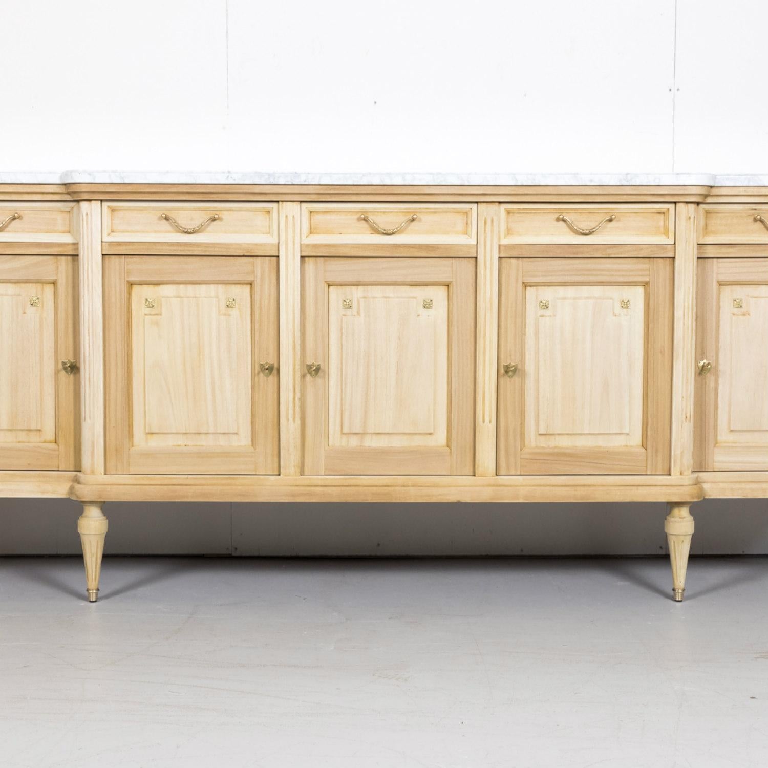 Antique French Louis XVI Style Bleached Enfilade Buffet with Carrara Marble Top 8