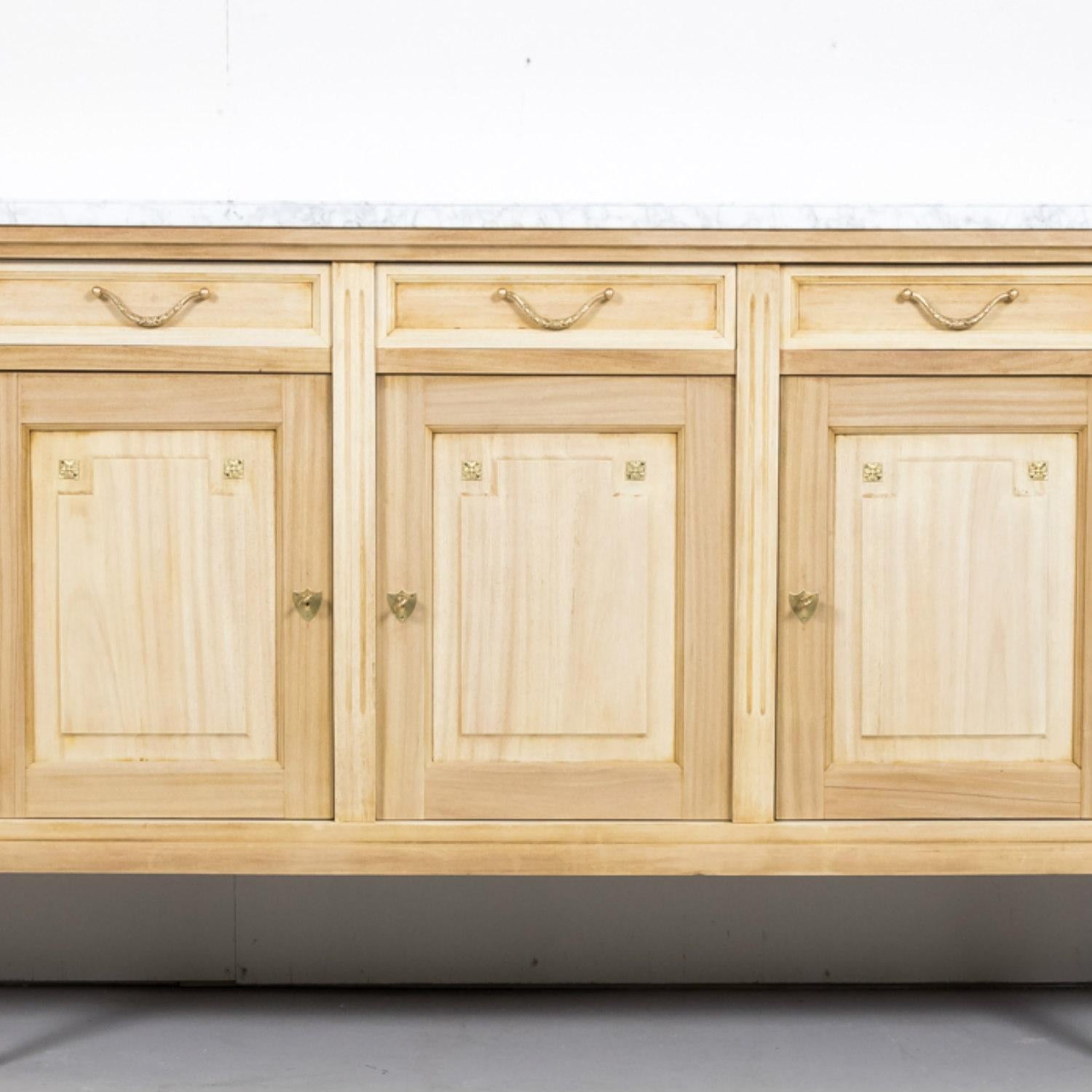 Antique French Louis XVI Style Bleached Enfilade Buffet with Carrara Marble Top 9