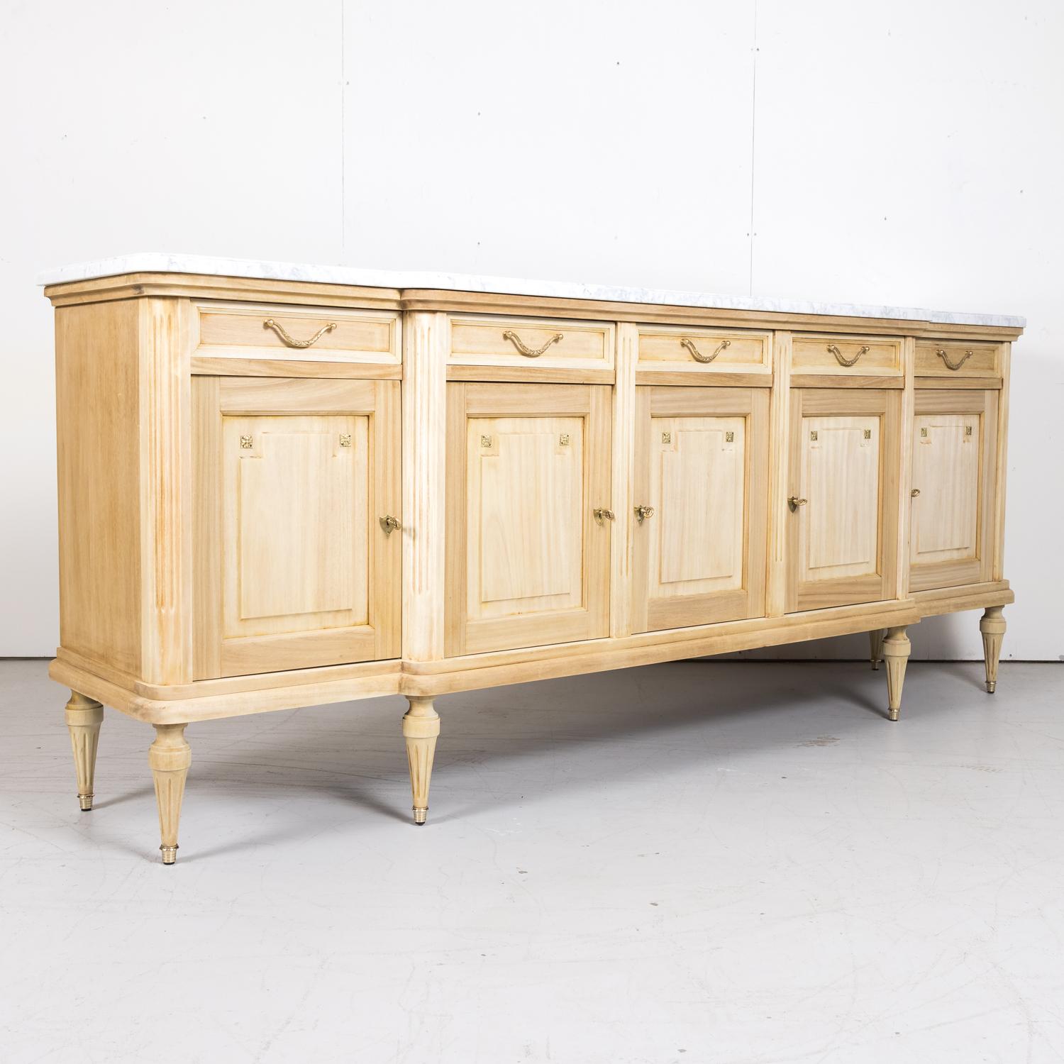 Antique French Louis XVI Style Bleached Enfilade Buffet with Carrara Marble Top In Good Condition In Birmingham, AL