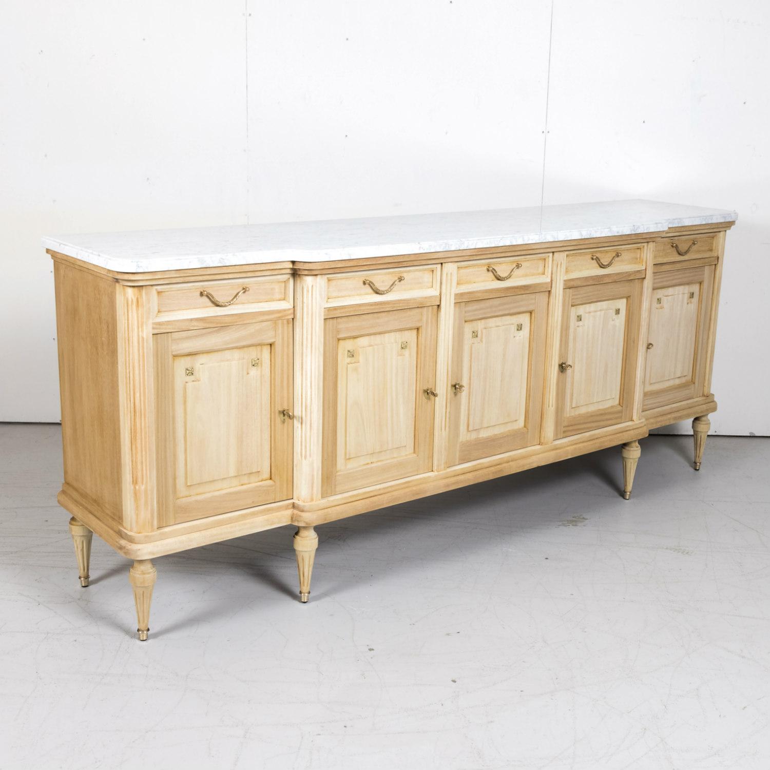 Early 20th Century Antique French Louis XVI Style Bleached Enfilade Buffet with Carrara Marble Top