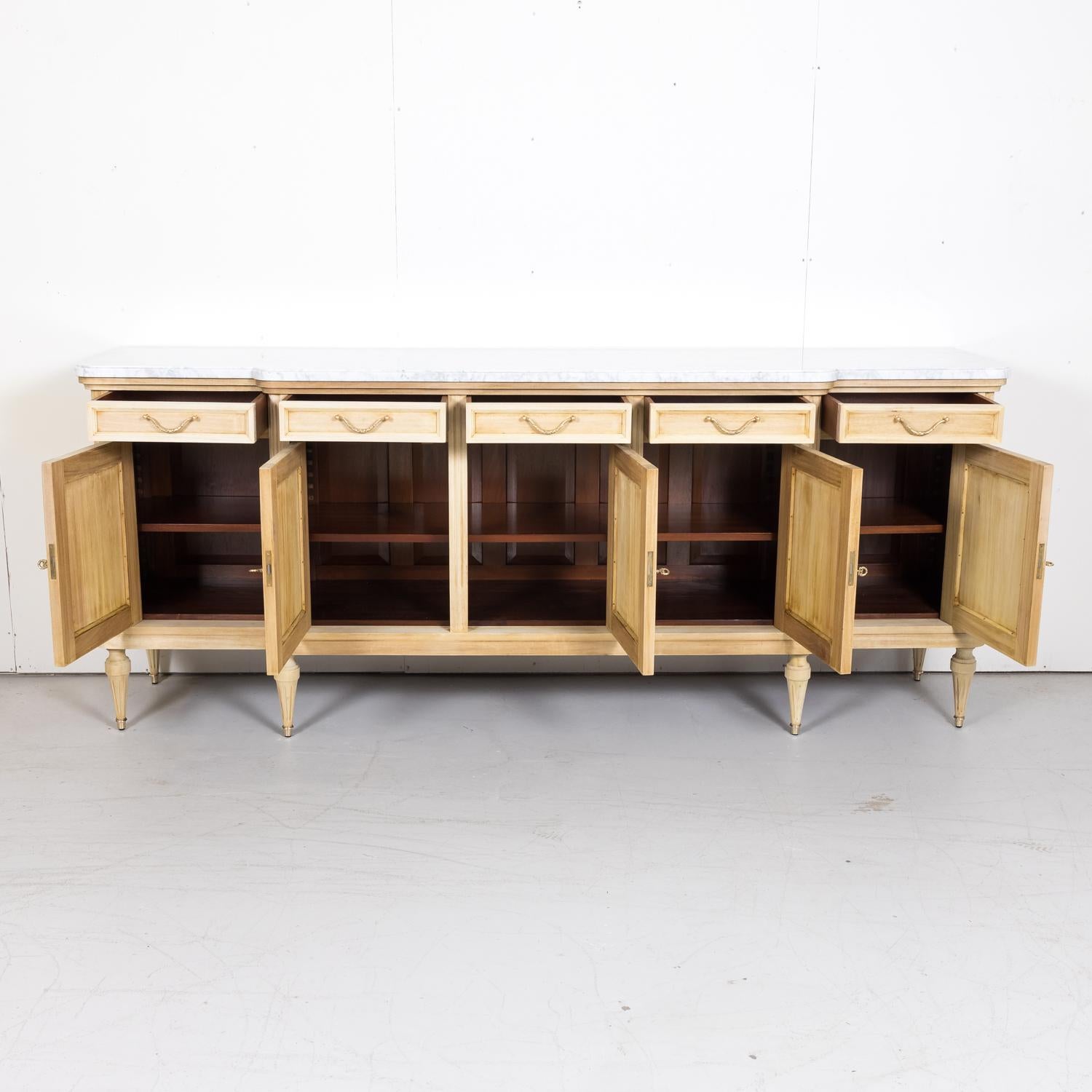 Antique French Louis XVI Style Bleached Enfilade Buffet with Carrara Marble Top 1