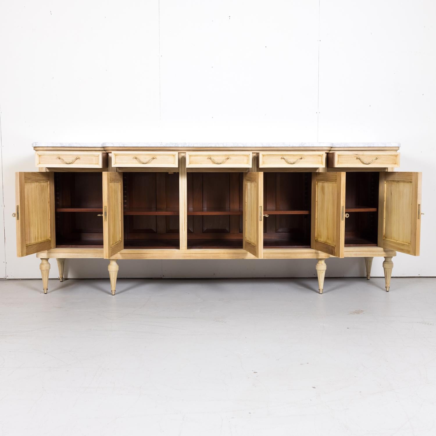 Antique French Louis XVI Style Bleached Enfilade Buffet with Carrara Marble Top 2
