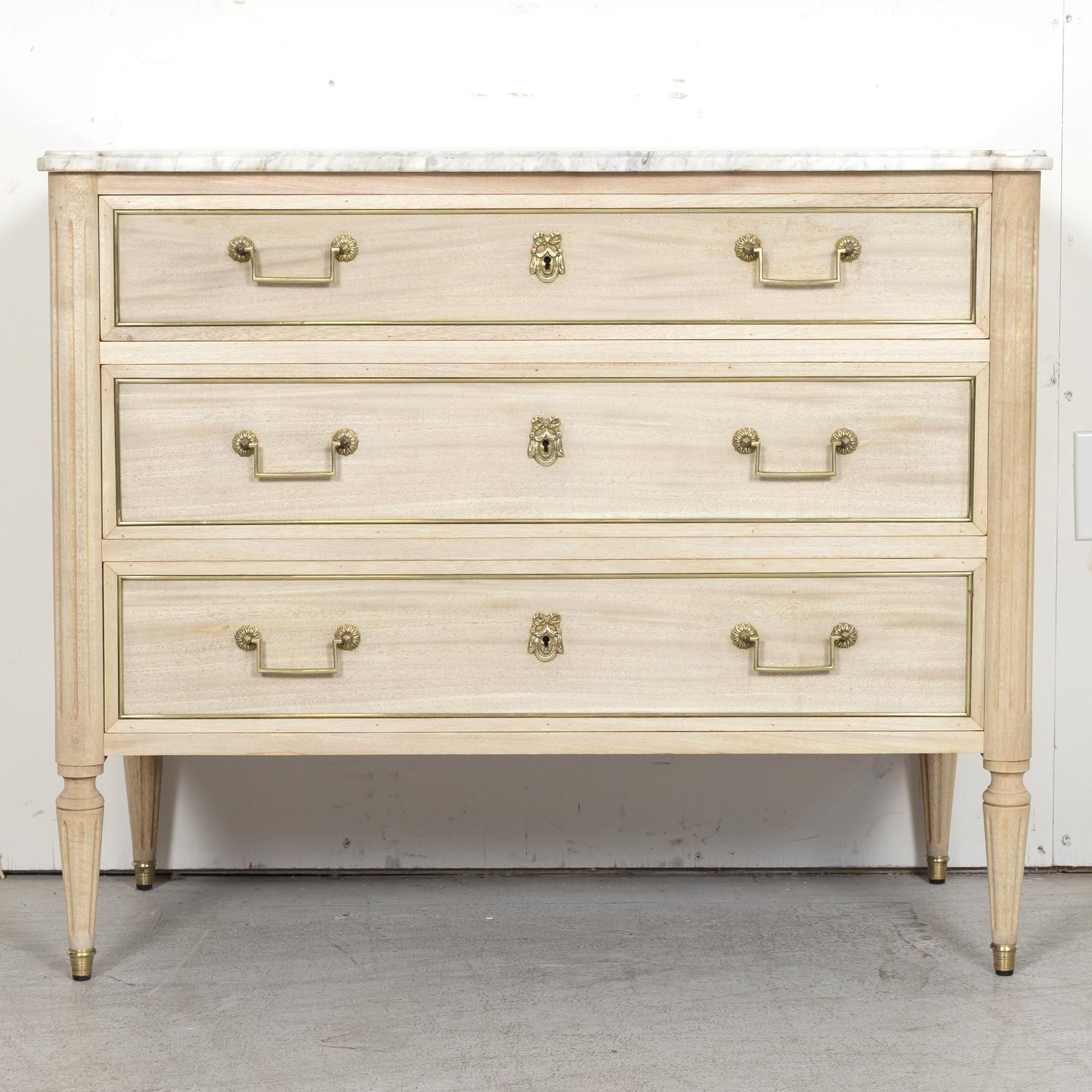 Early 20th Century Antique French Louis XVI Style Bleached Mahogany Commode with Carrara Marble Top