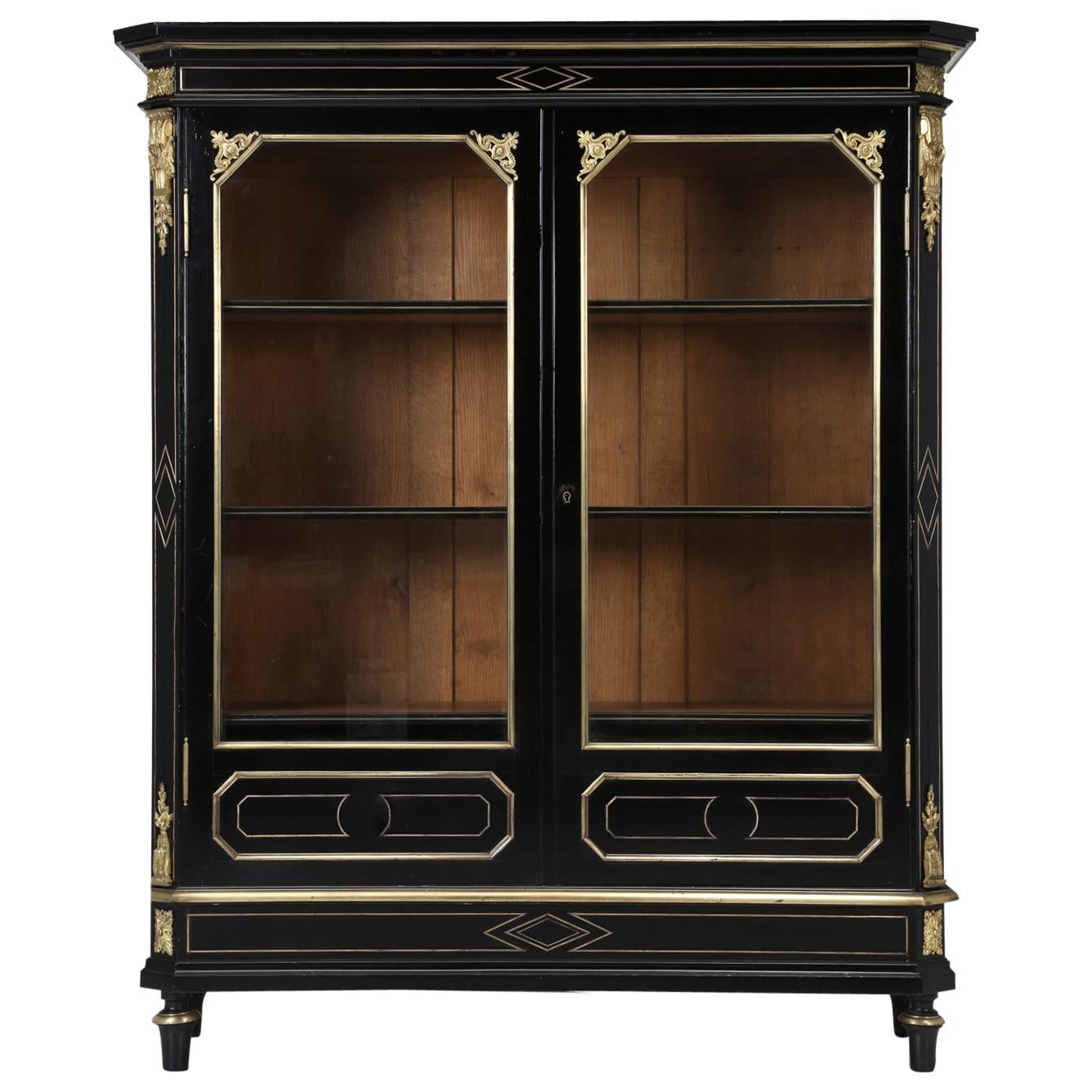 Antique French Louis XVI Style Bookcase or Vitrine in it's Original Black Finish