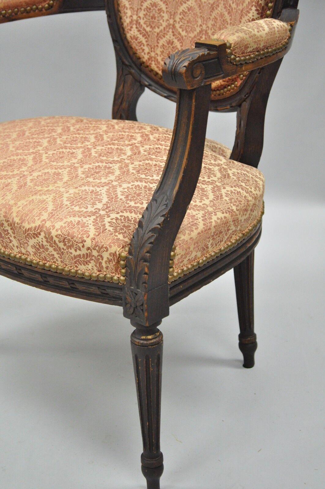 20th Century Antique French Louis XVI Style Bow Carved Walnut Fauteuil Fireside Arm Chair Vtg For Sale