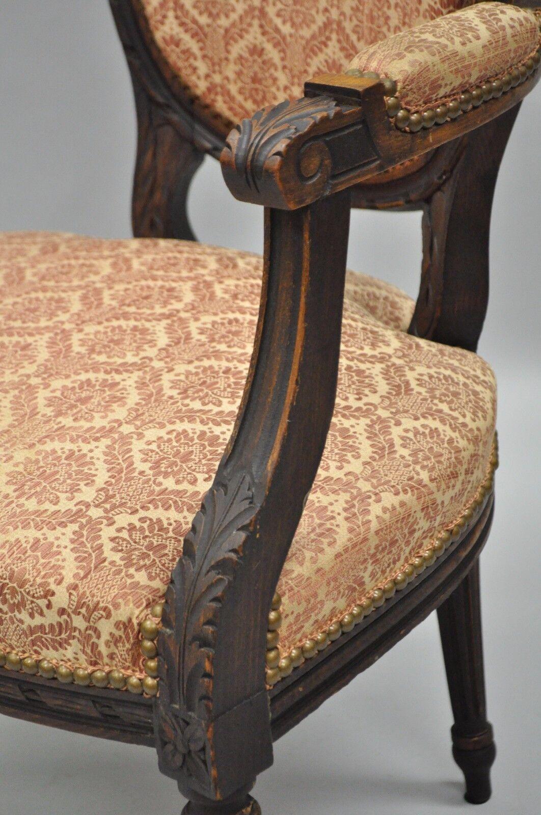 Fabric Antique French Louis XVI Style Bow Carved Walnut Fauteuil Fireside Arm Chair Vtg For Sale