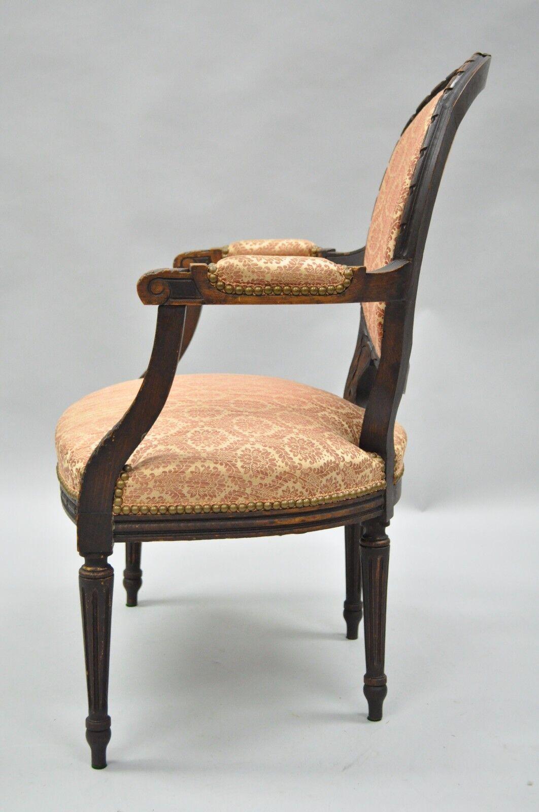 Antique French Louis XVI Style Bow Carved Walnut Fauteuil Fireside Arm Chair Vtg For Sale 2